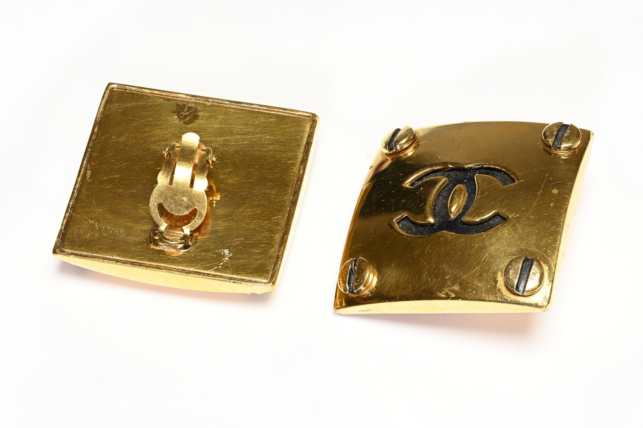 Vintage Spring 1993 Chanel Paris Large Gold Plated CC Square Screw Earrings