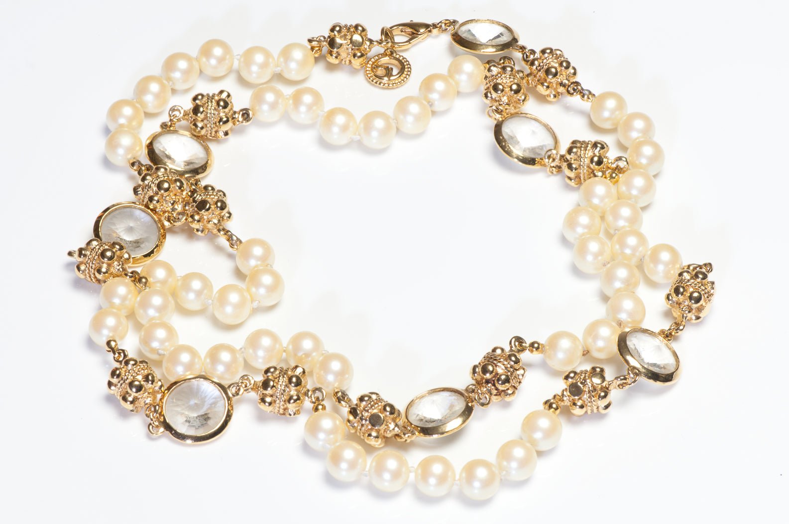 Vintage St. John Gold Plated Crystal Faux Pearl Sautoir Necklace