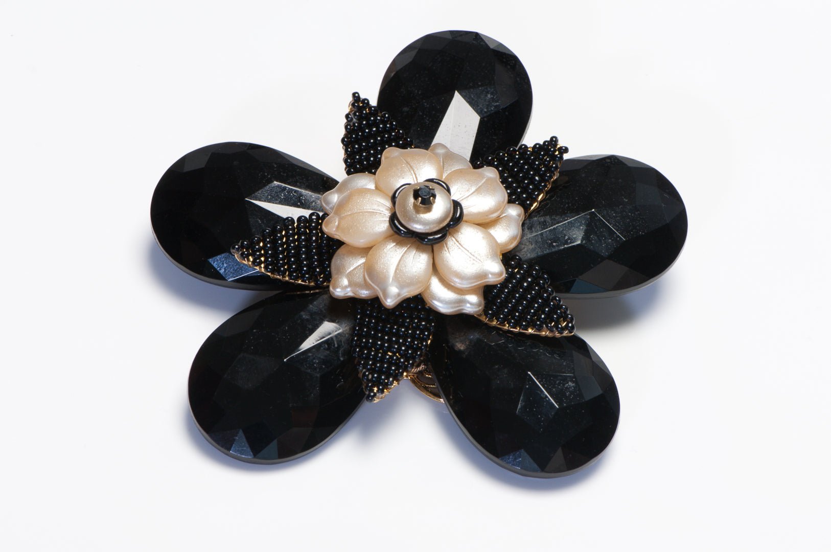 Vintage Stanley Hagler NYC Black Glass Beads Crystal Pearl Large Flower Brooch