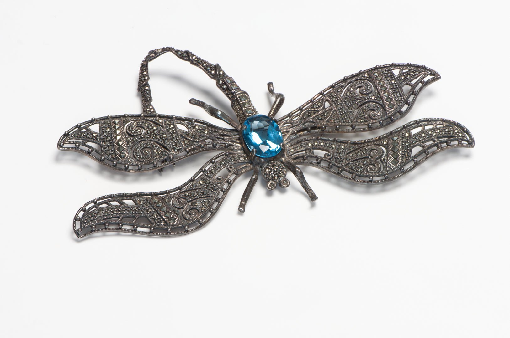 Vintage Sterling Silver Marcasite Blue Crystal Large Dragonfly Brooch