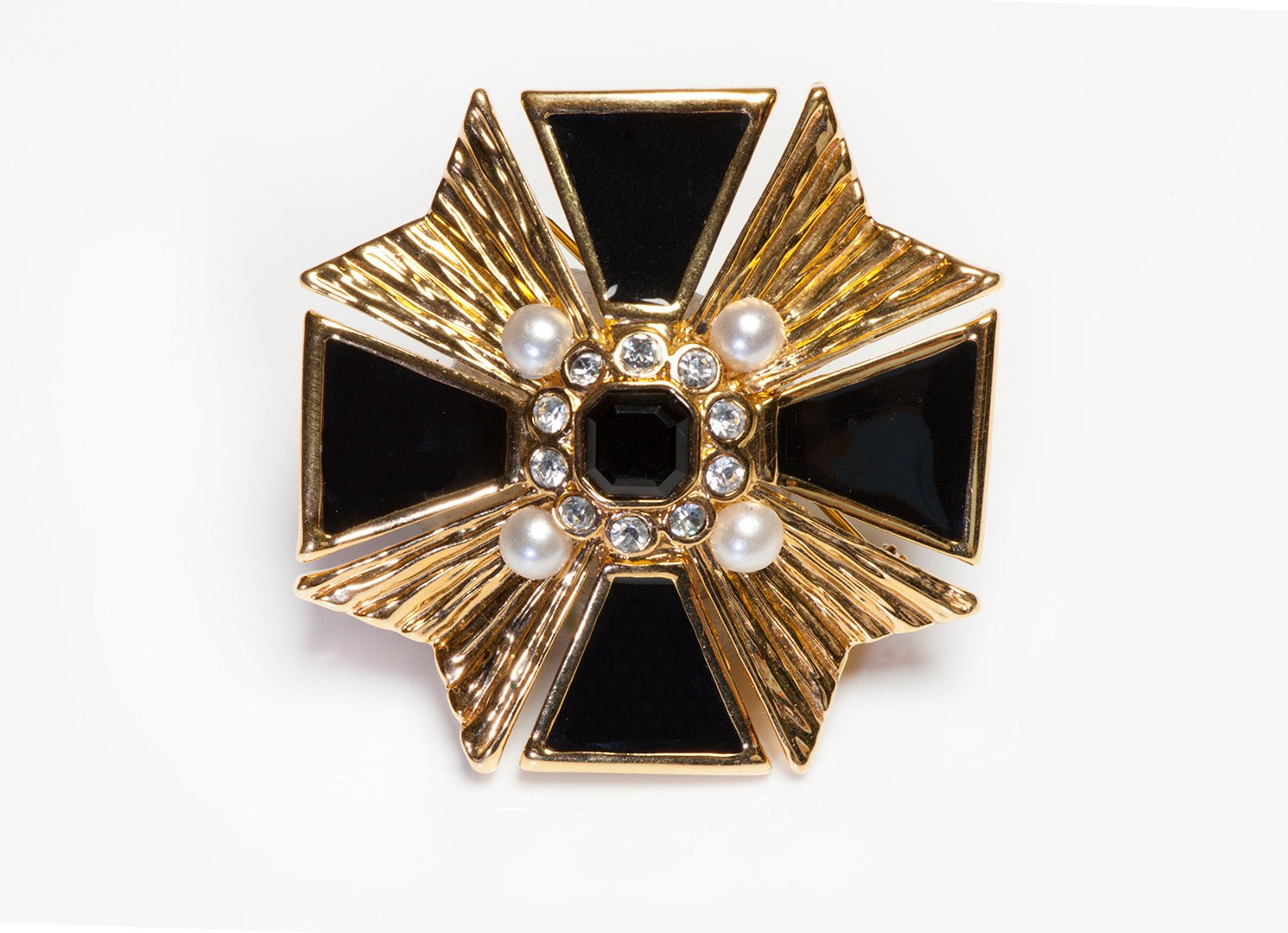 Vintage St.John Black Enamel Faux Pearl Maltese Cross Pendant/Brooch