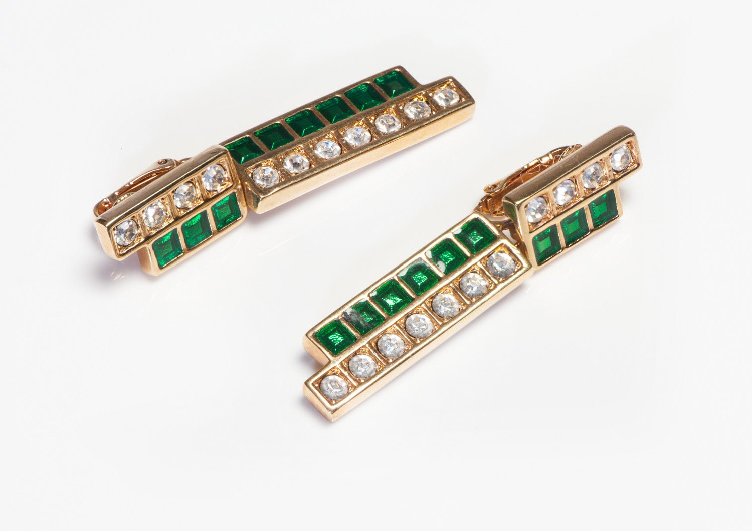 Vintage Swarovski Long Gold Plated Green Crystal Art Deco Style Earrings