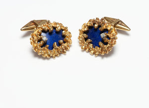 Vintage Textured 18K Yellow Gold Lapis & Diamond Cufflinks