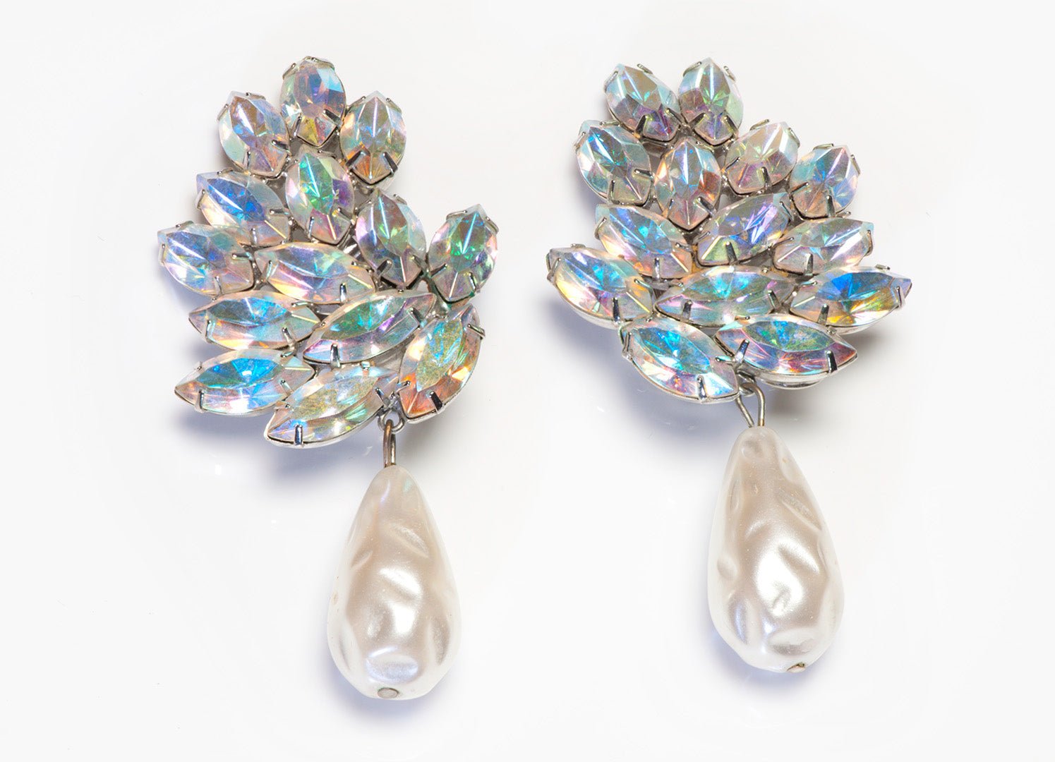 Vintage Thelma Deutsch Long Aurora Borealis Crystal Pearl Earrings