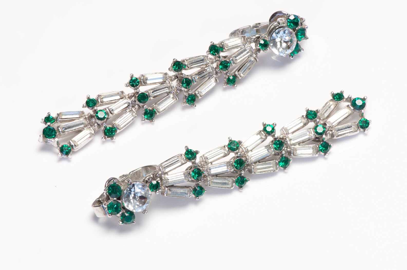 Vintage Trifari Long Rhodium Plated Green Crystal Earrings