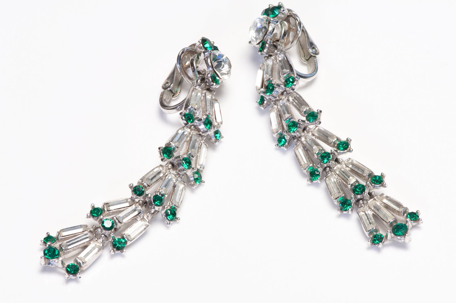 Vintage Trifari Long Rhodium Plated Green Crystal Earrings