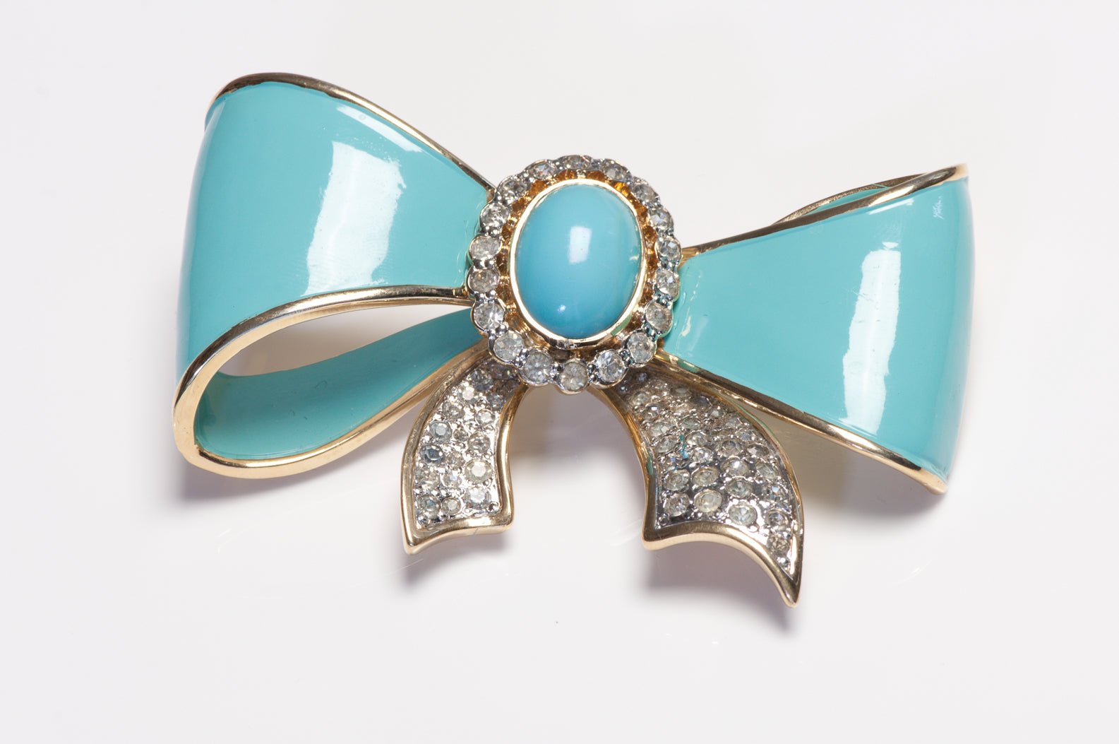 Vintage Valentino Garavani Turquoise Blue Enamel Crystal Bow Brooch