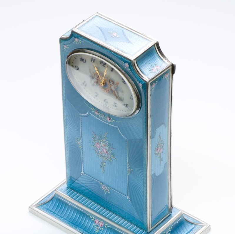 Vintage W. Allemann-Montreux Silver Blue Guilloché Enamel Desk Clock