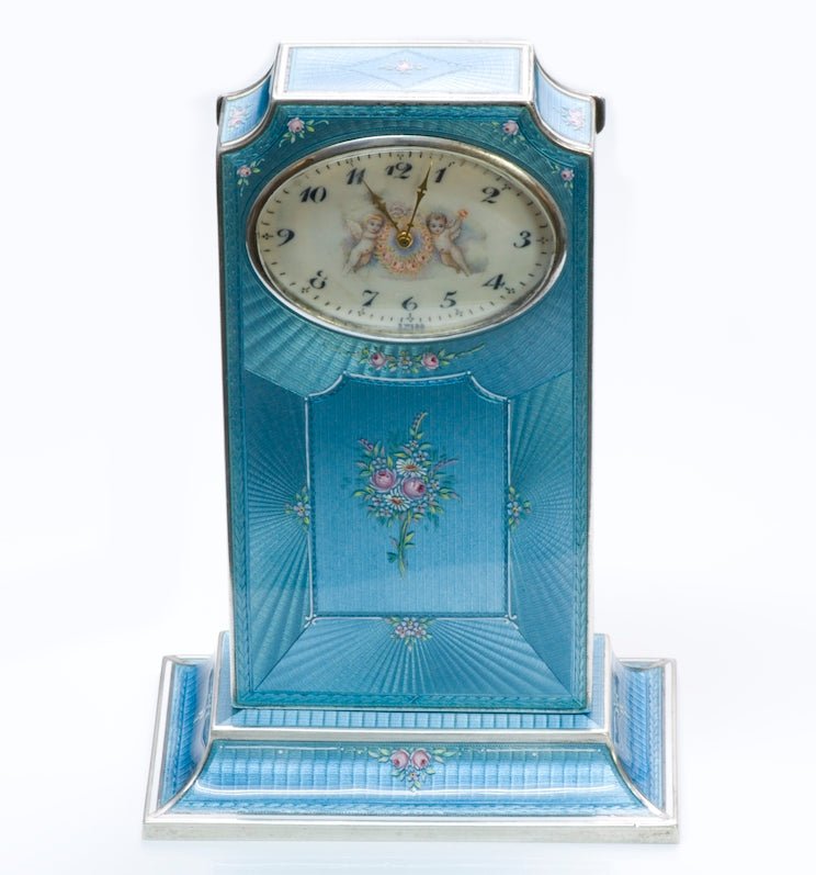 Vintage W. Allemann-Montreux Silver Blue Guilloché Enamel Desk Clock
