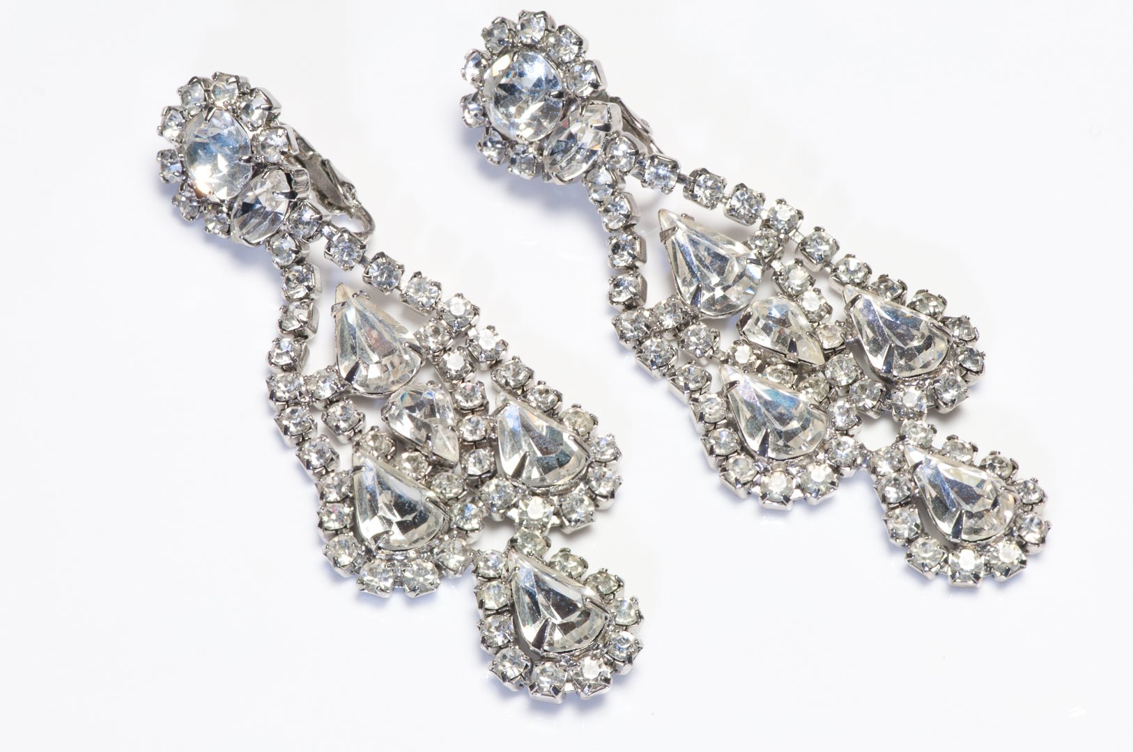 Vintage Weiss Long Rhodium Plated Crystal Chandelier Earrings