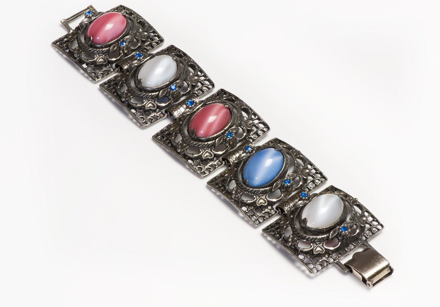 Vintage Wide Red Blue Opaline Cabochon Glass Crystal Interchangeable Bracelet