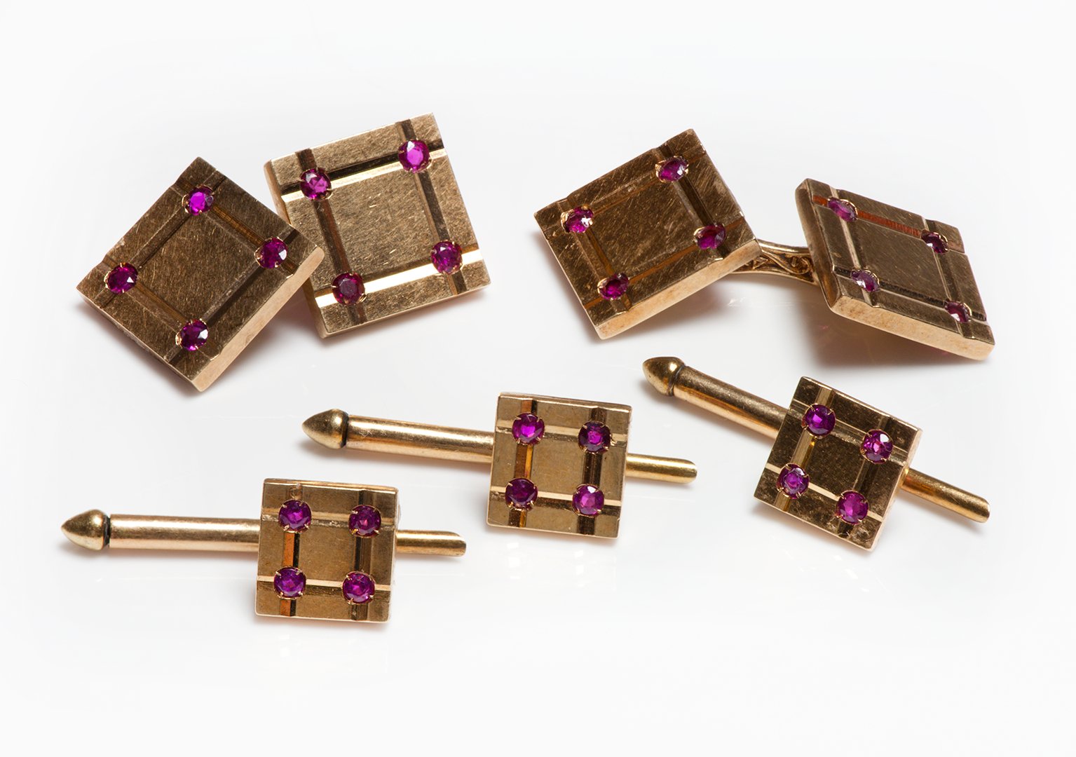 Vintage Yellow Gold Ruby Cufflink and Studs