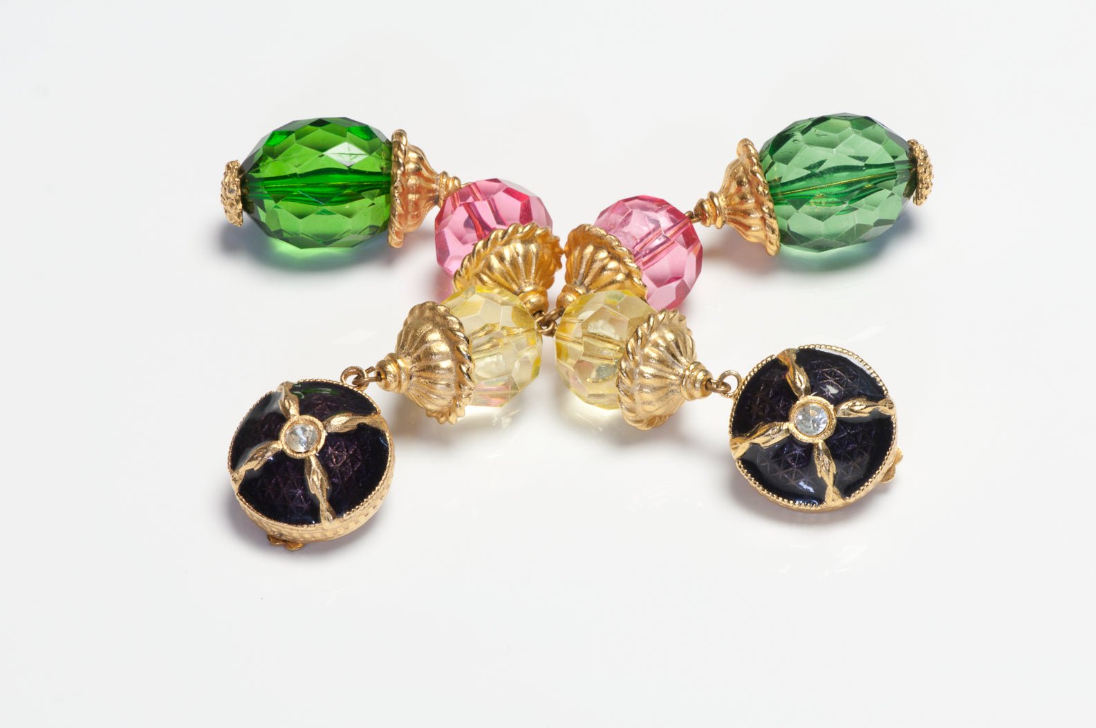 Vintage Yosca Enamel Green Pink Glass Crystal Shoulder Duster Earrings