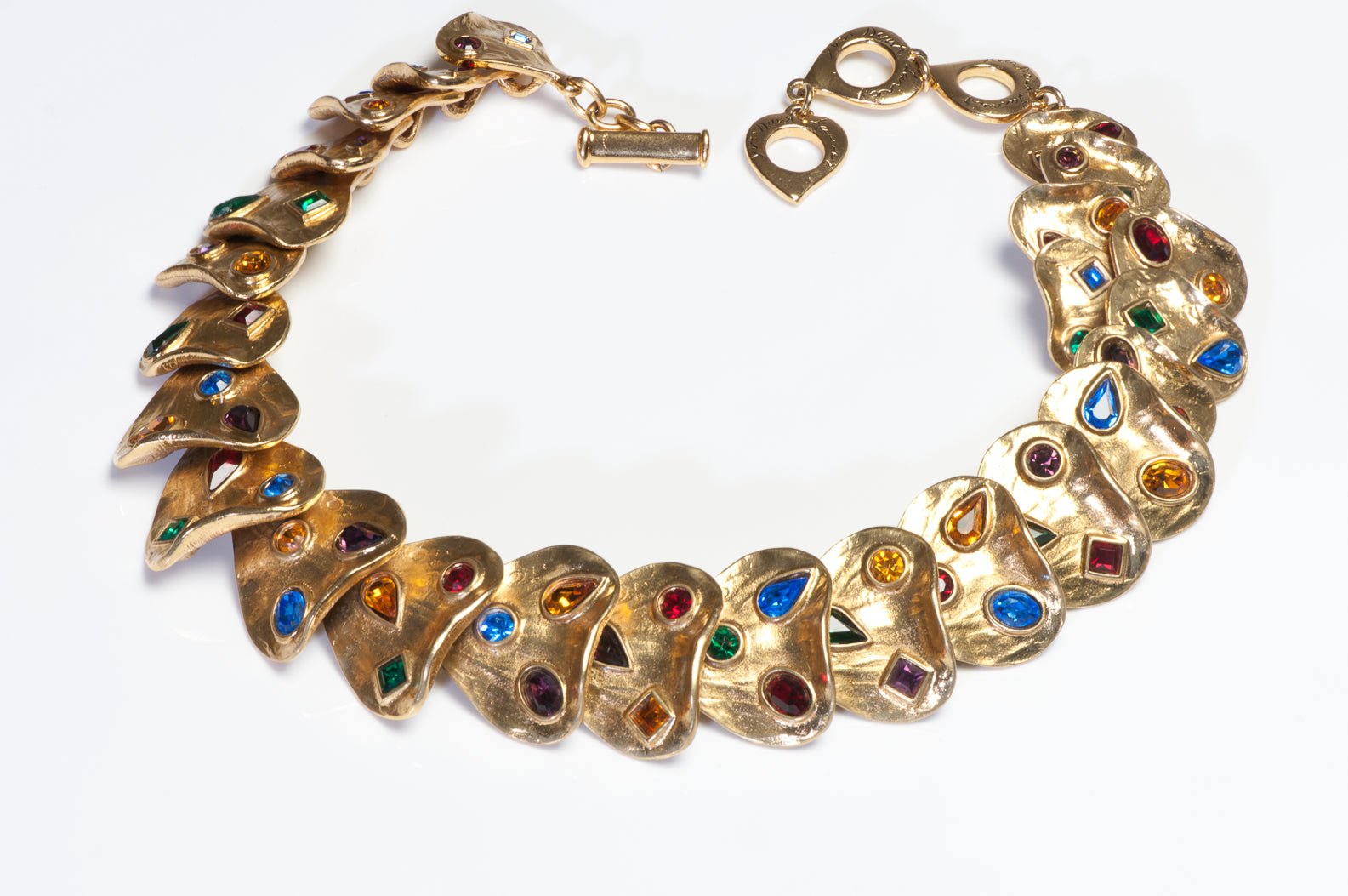 Vintage Yves Saint Laurent Gold Plated Blue Green Red Crystal Heart Necklace