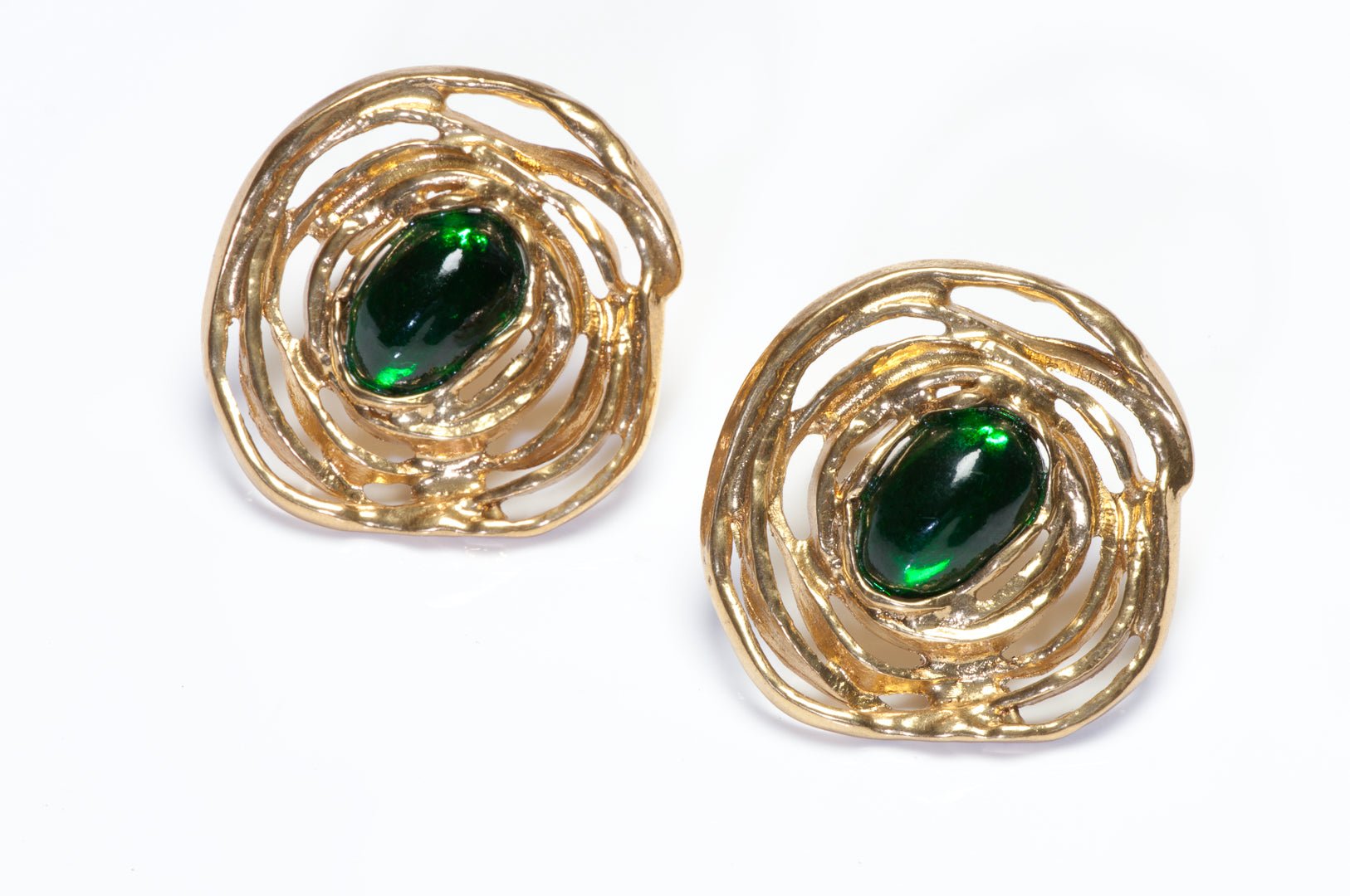 Vintage Yves Saint Laurent Large Gold Plated Green Cabochon Swirl Earrings