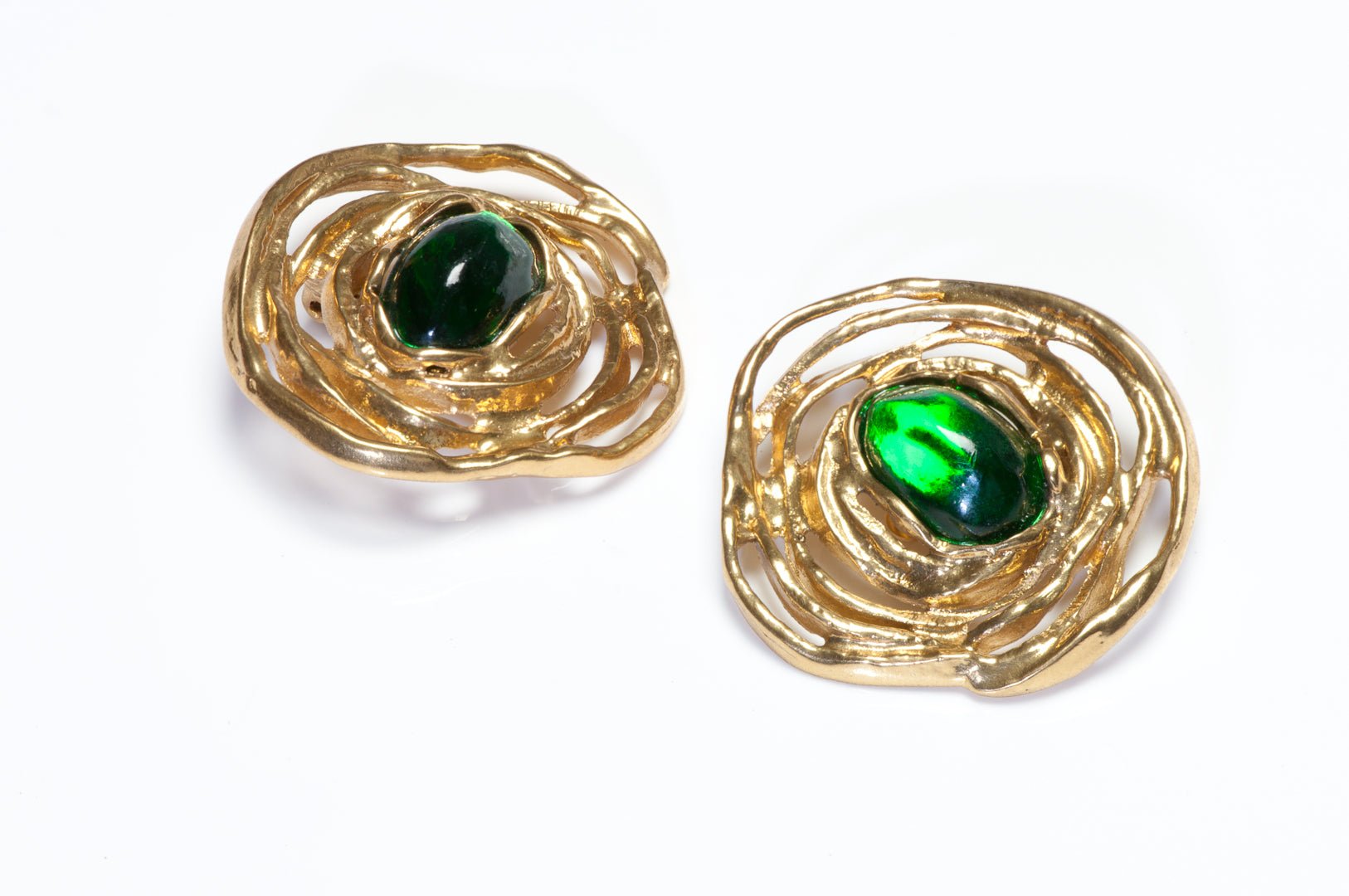 Vintage Yves Saint Laurent Large Gold Plated Green Cabochon Swirl Earrings
