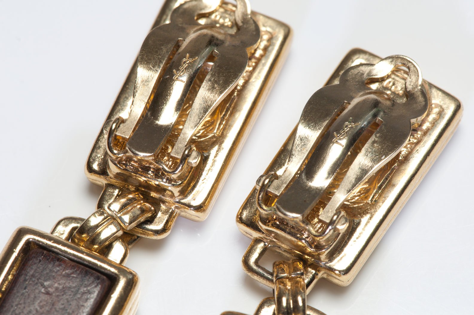 Vintage Yves Saint Laurent Long Gold Plated Brown Wood Earrings