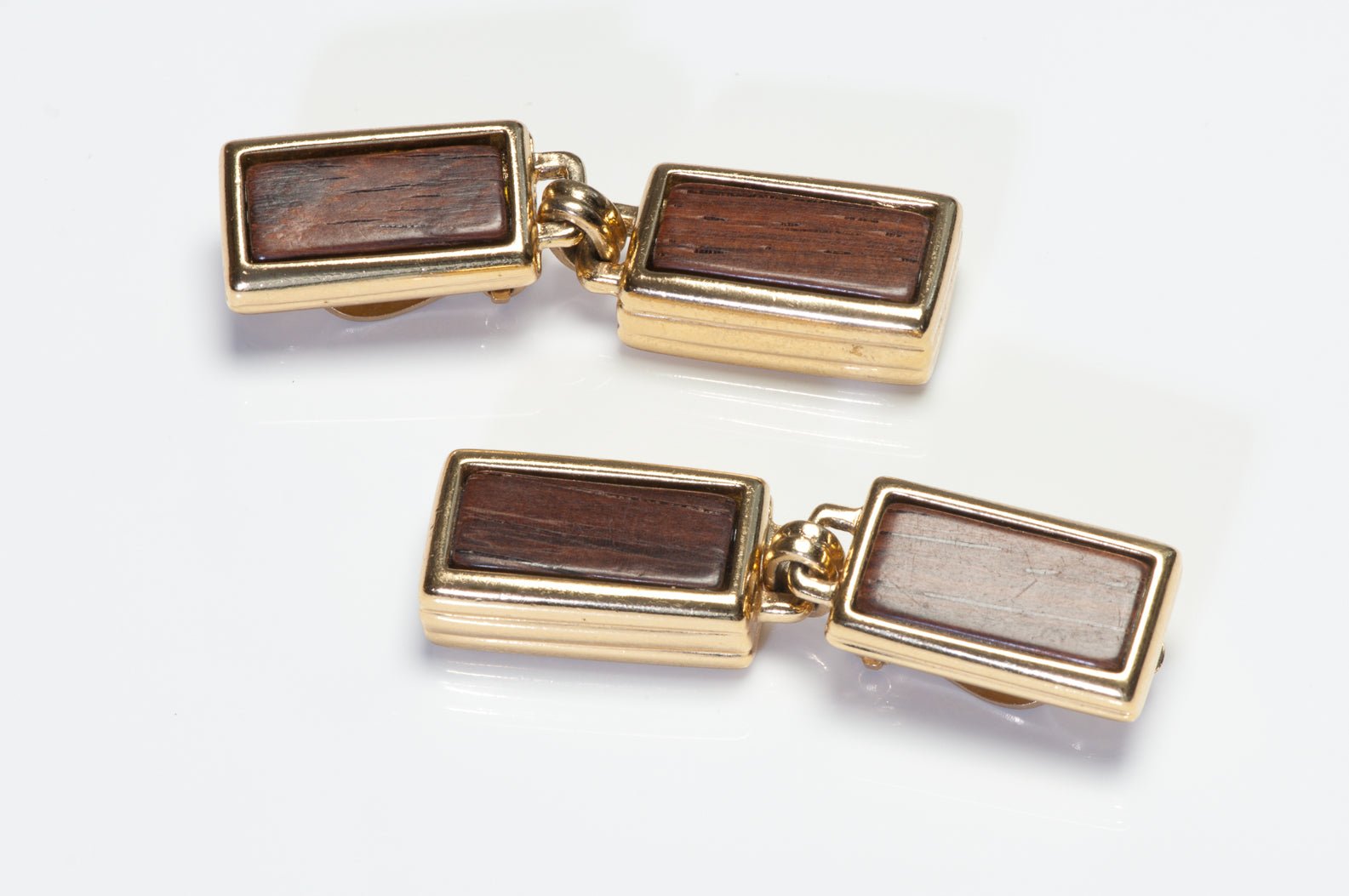 Vintage Yves Saint Laurent Long Gold Plated Brown Wood Earrings