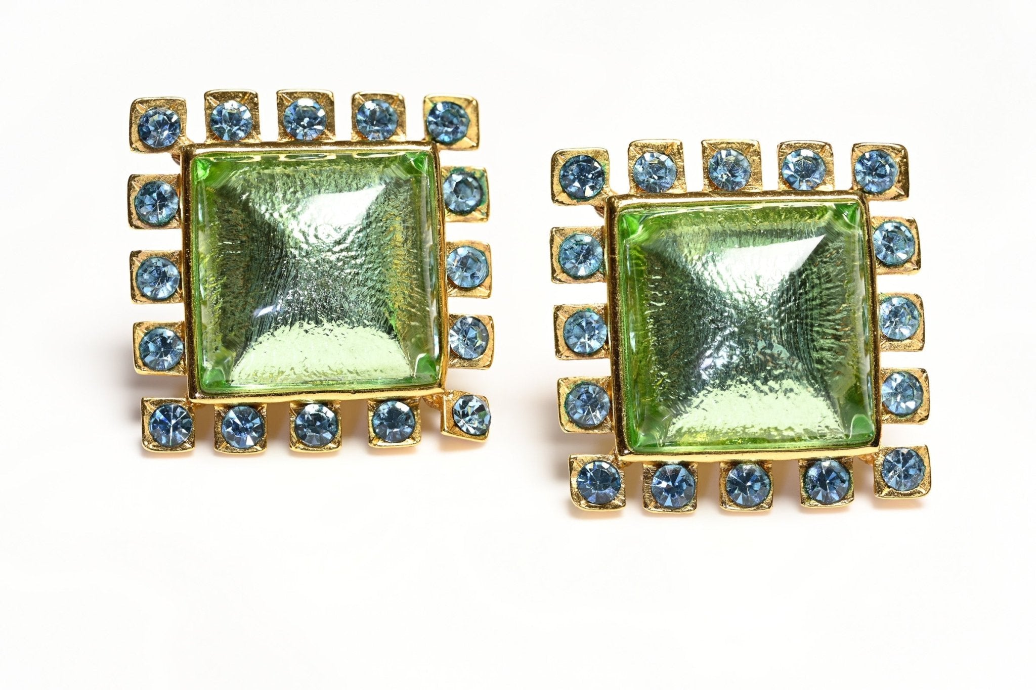 Vintage Yves Saint Laurent Paris Large Green Cabochon Blue Crystal Square Earrings