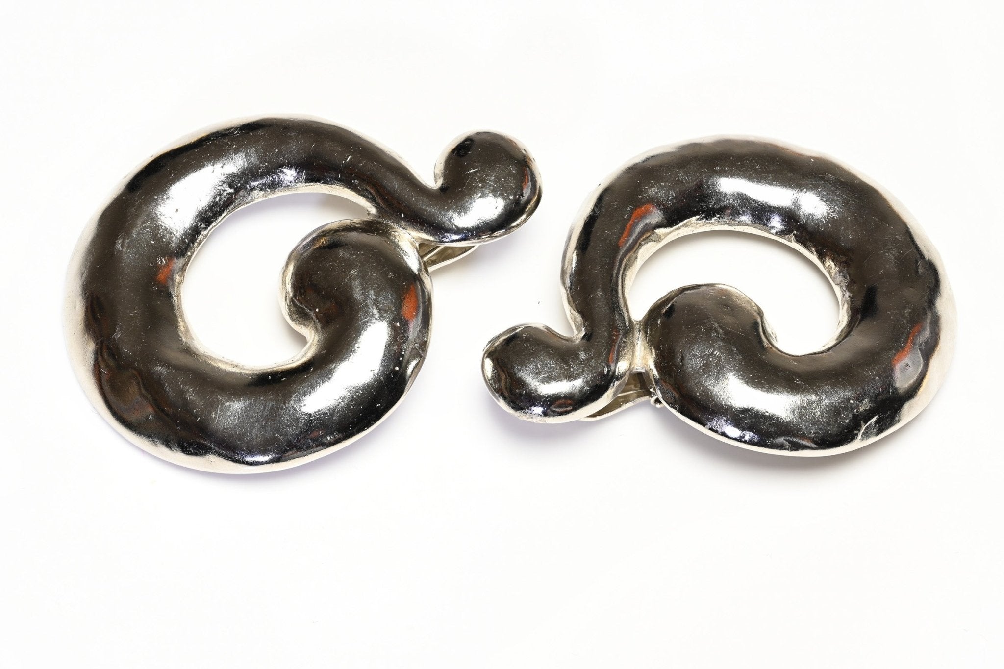 Vintage Yves Saint Laurent Paris Rive Gauche Silver Tone Hammered Swirl Earrings