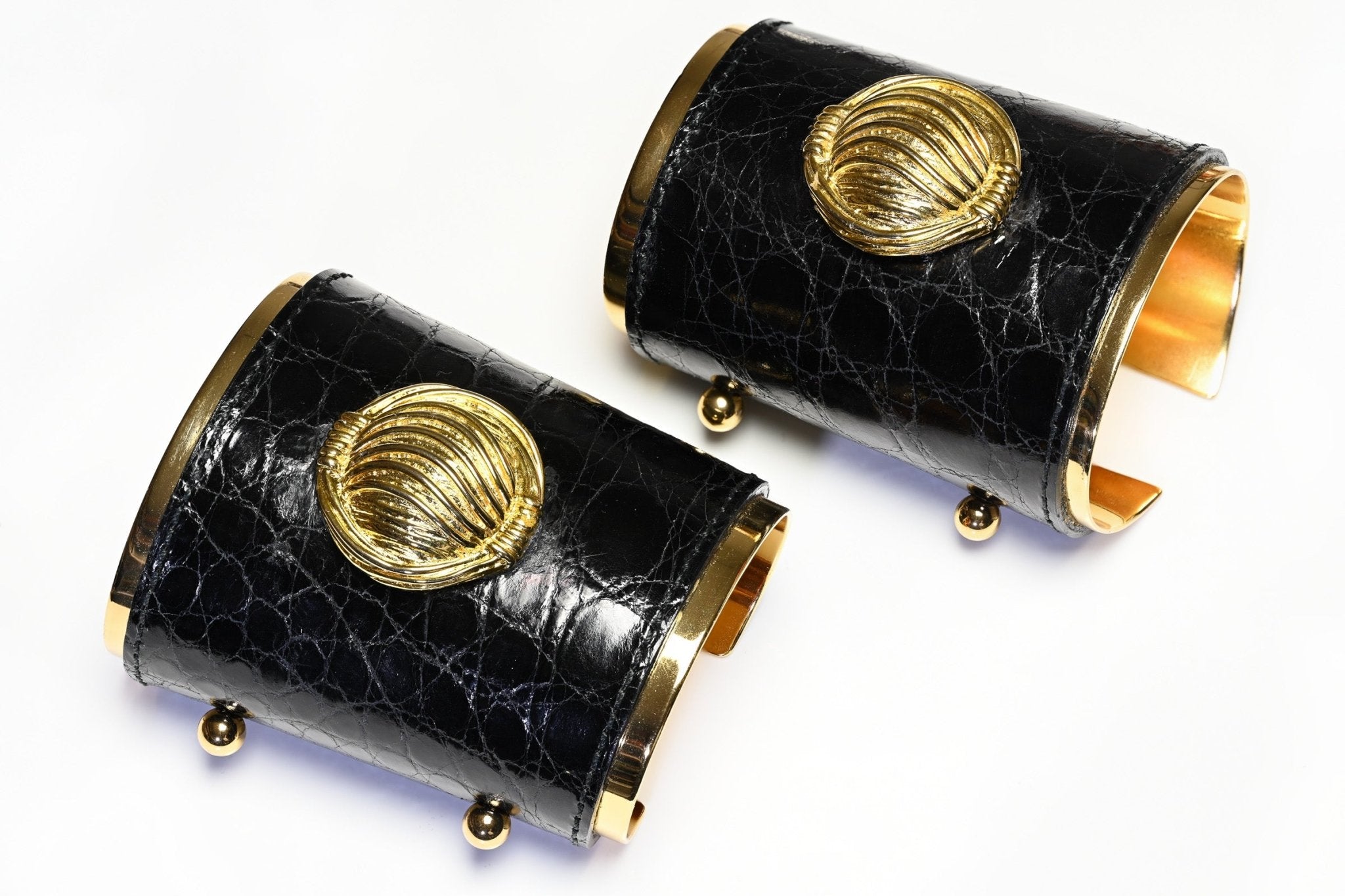Vintage Yves Saint Laurent Paris Wide Black Crocodile Charm Pair of Cuffs Bracelets