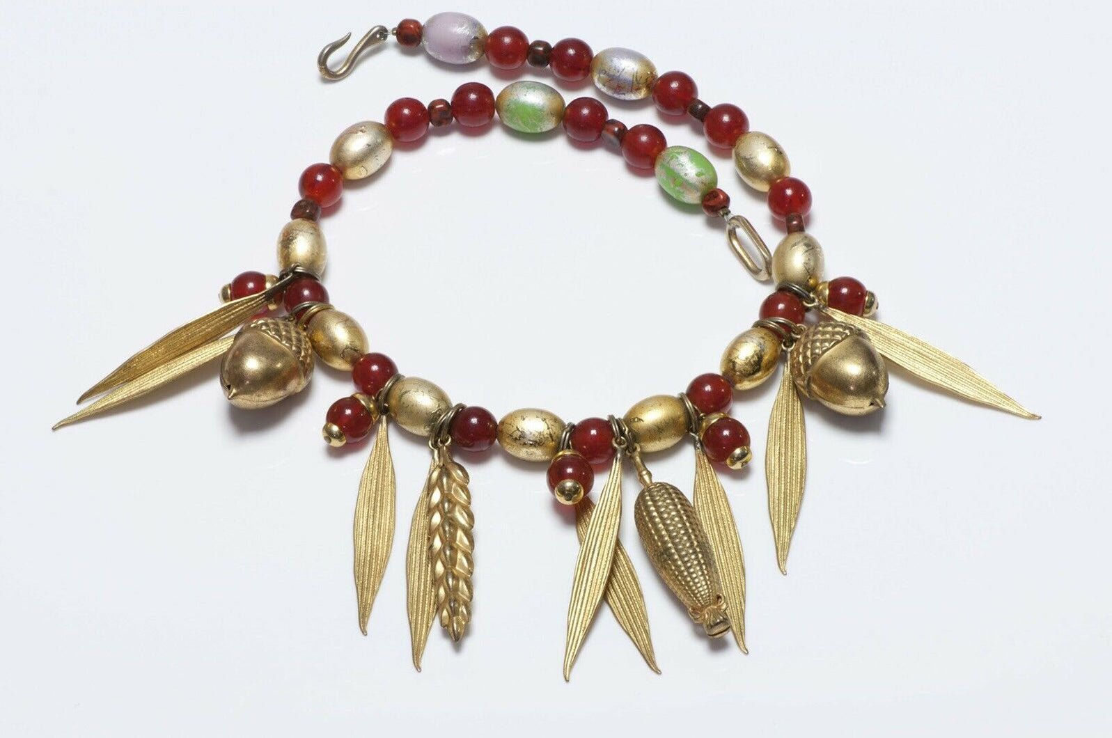 Vintage Yves Saint Laurent Red Beads Corn Acorn Wheat Charm Necklace