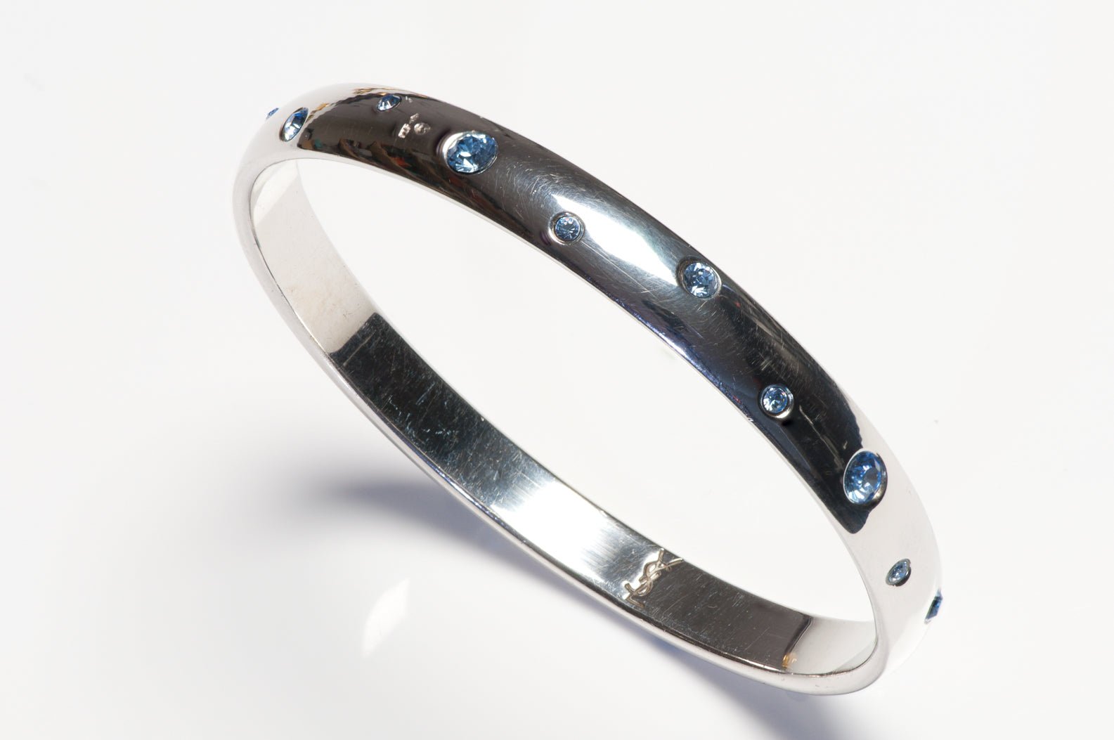 Vintage Yves Saint Laurent Sterling Silver Blue Crystal Bangle Bracelet