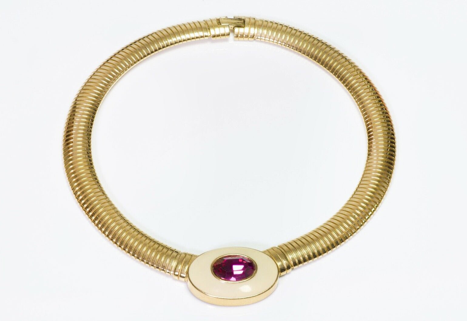 Vintage Yves Saint Laurent YSL Enamel Pink Crystal Tubogas Necklace