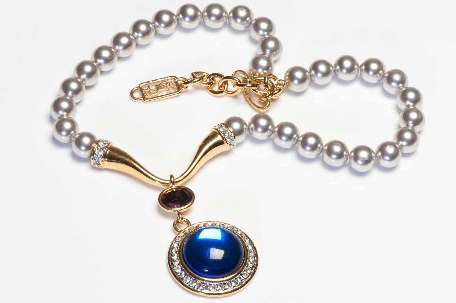 Vintage Yves Saint Laurent YSL Gray Pearls Blue Cabochon Crystal Necklace