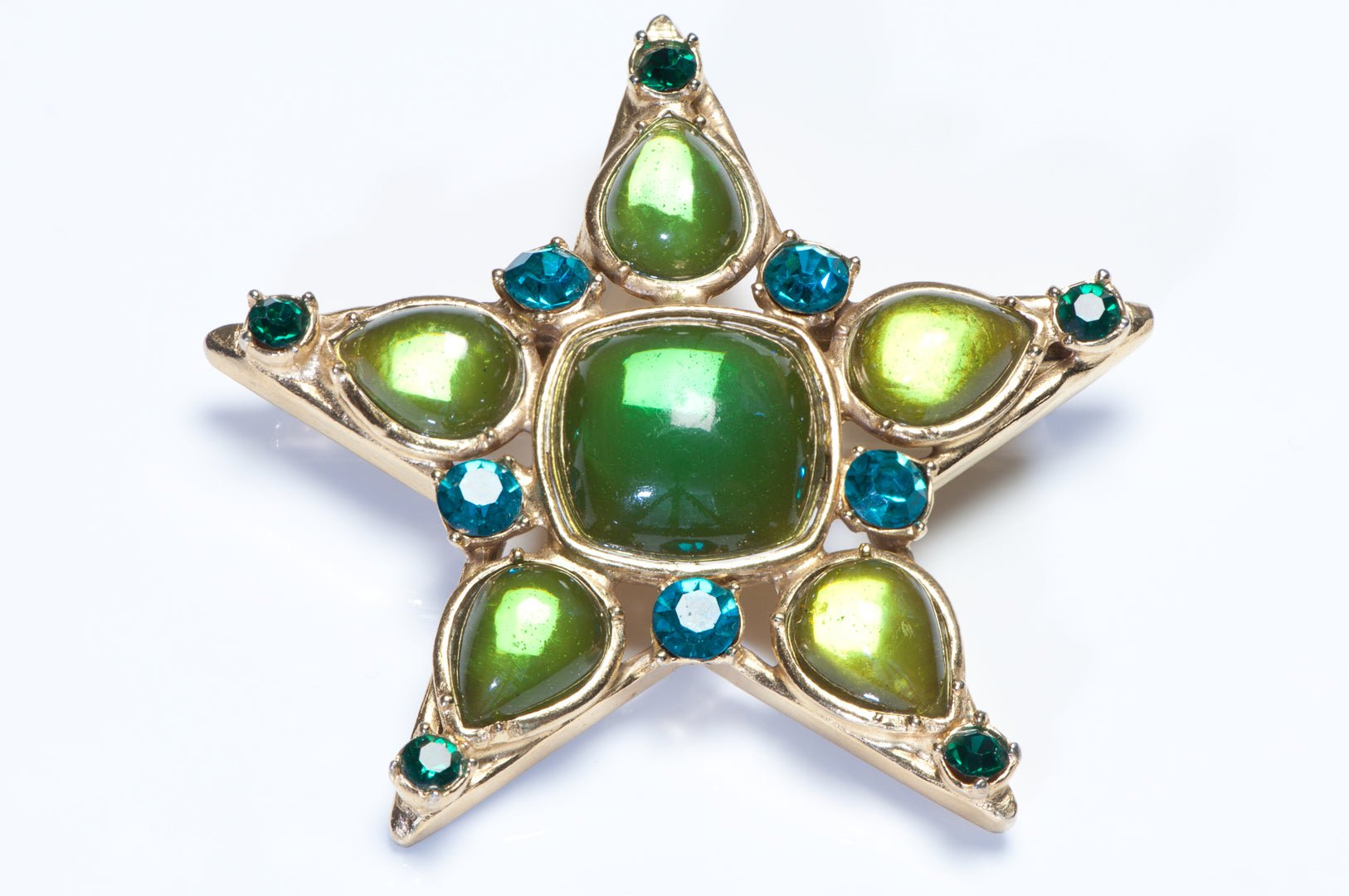 Vintage Yves Saint Laurent YSL Green Blue Crystal Cabochon Star Brooch