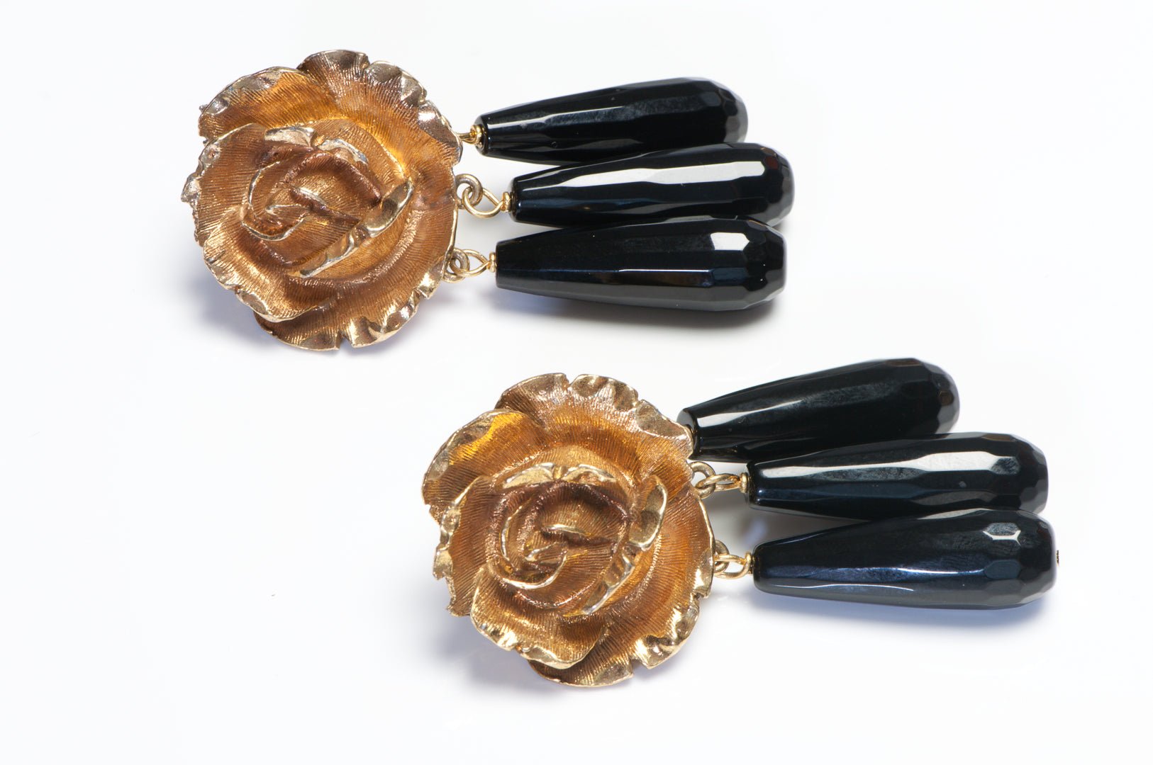 Vintage Yves Saint Laurent YSL Paris Long Black Crystal Tassel Rose Earrings