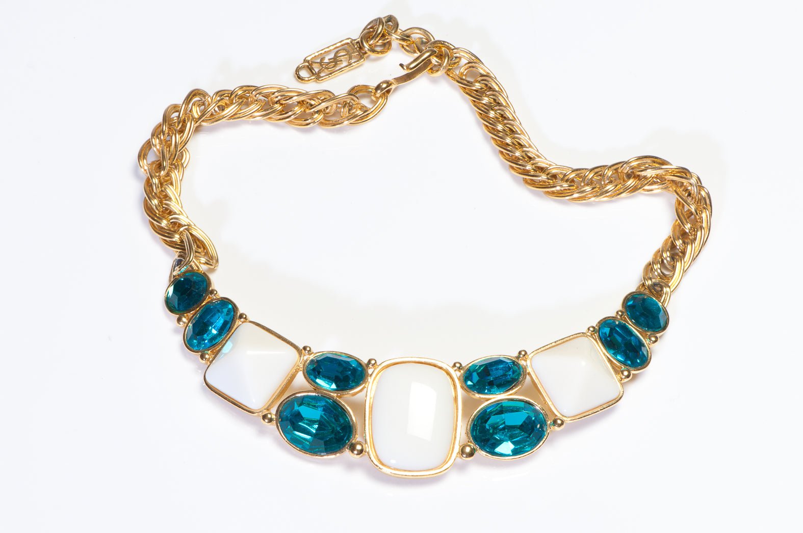 Vintage Yves Saint Laurent YSL White Cabochon Blue Crystal Collar Necklace