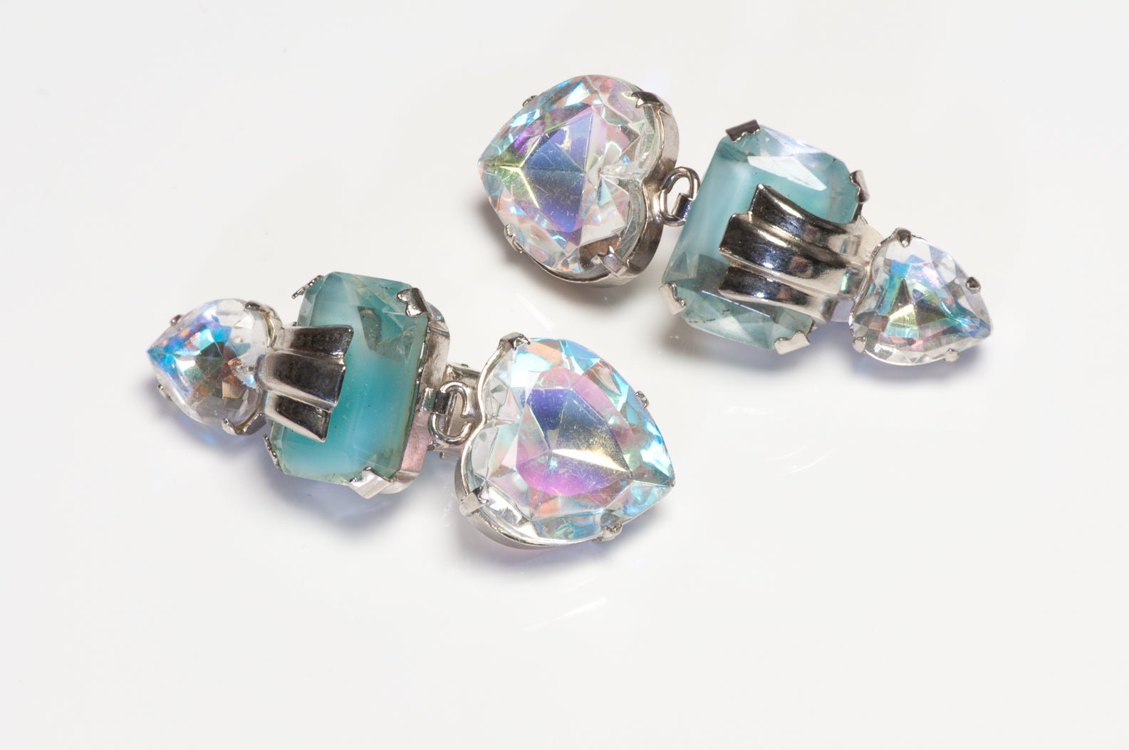 Vintage Zoe Coste Blue Crystal Aurora Borealis Heart Earrings