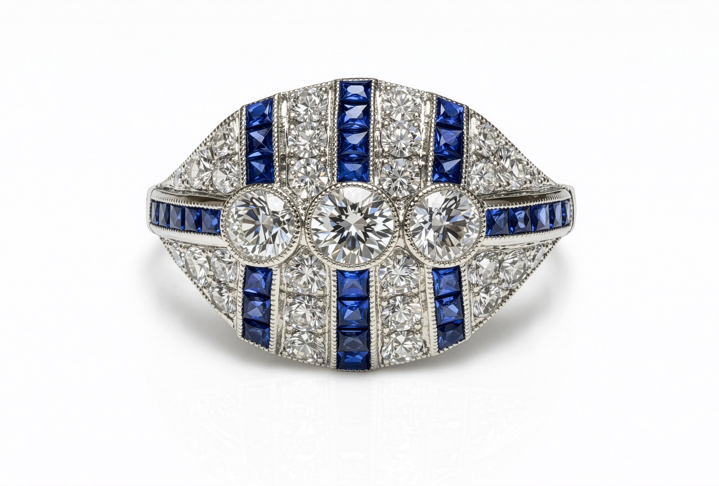 Art Deco Diamond Platinum Ring with French-Cut Sapphires