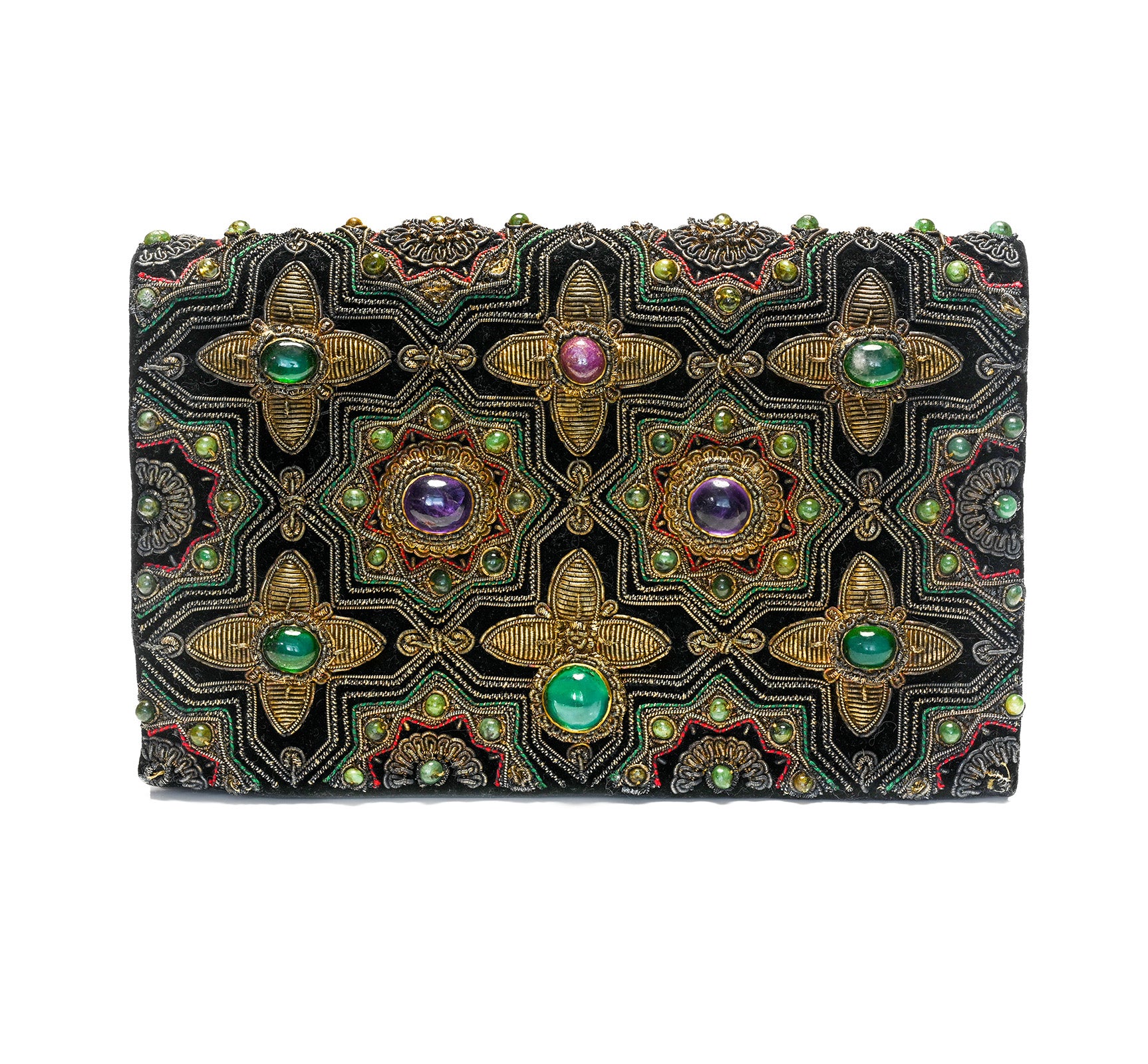 Vintage Velvet Evening Purse with Cabochon Gemstones & Gold-Tone Embroidery