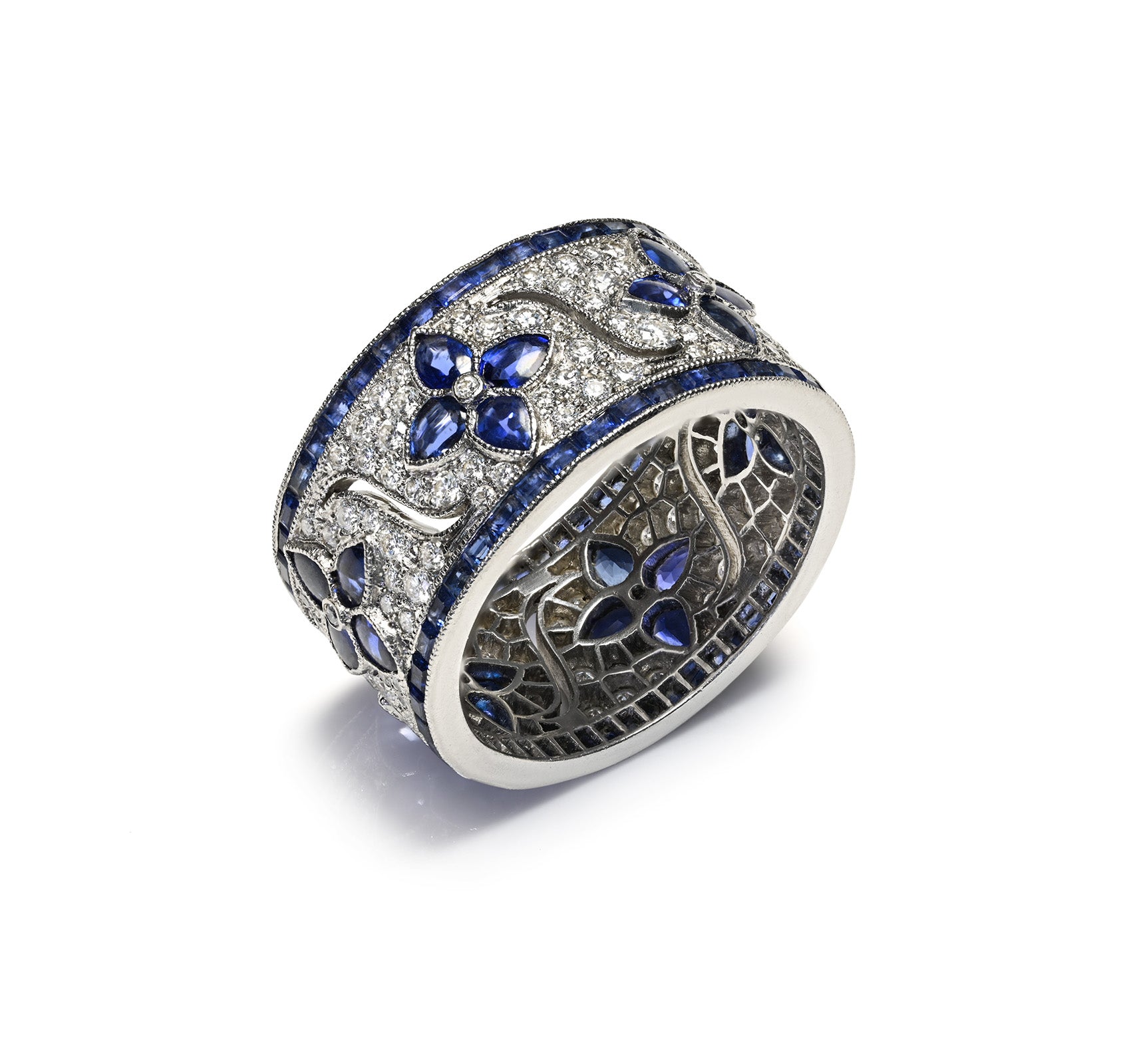 Art Deco Eternity Band Ring Platinum Sapphires Diamonds 