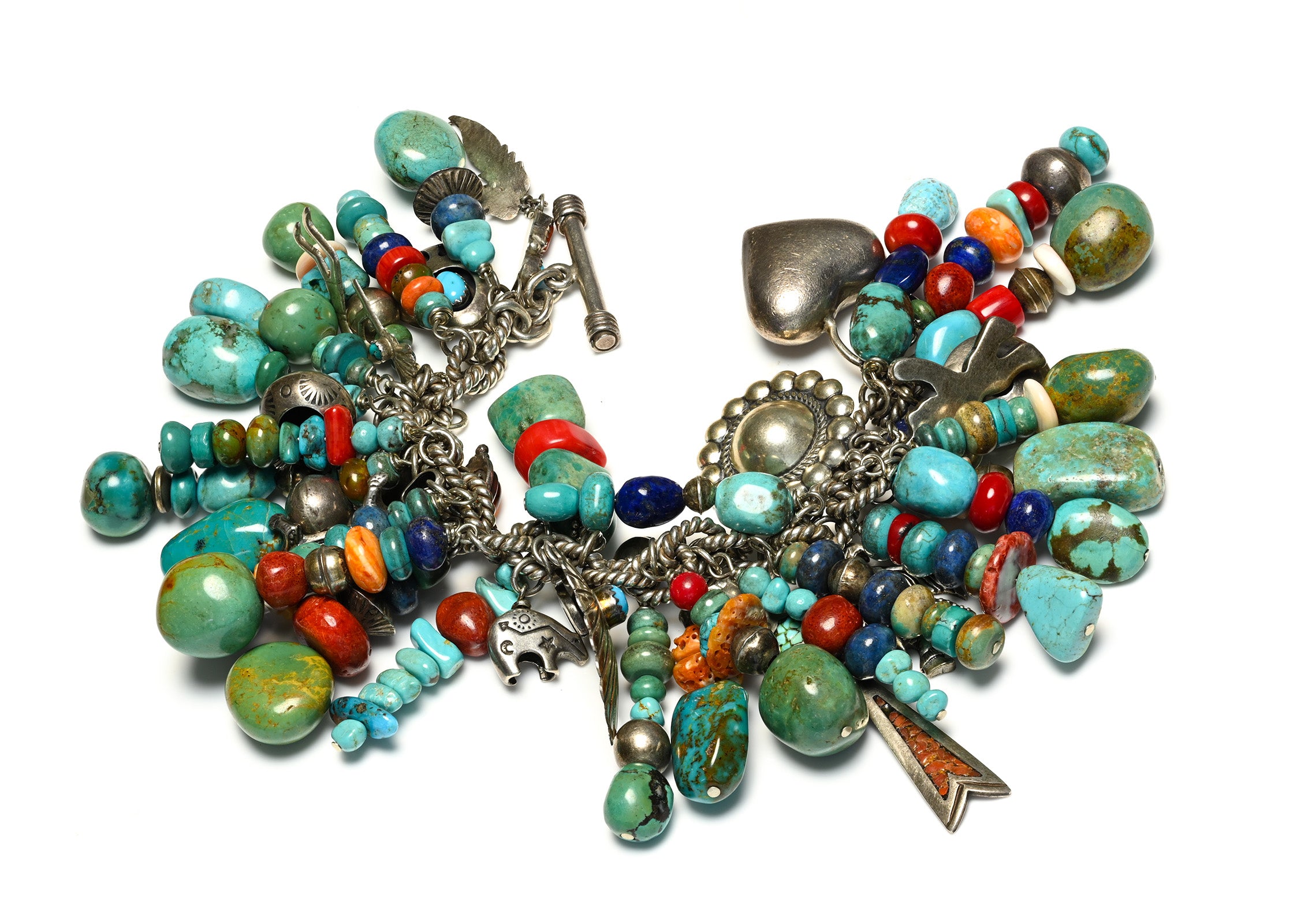 Sterling Silver Turquoise Coral Multi-Charm Bracelet Vintage