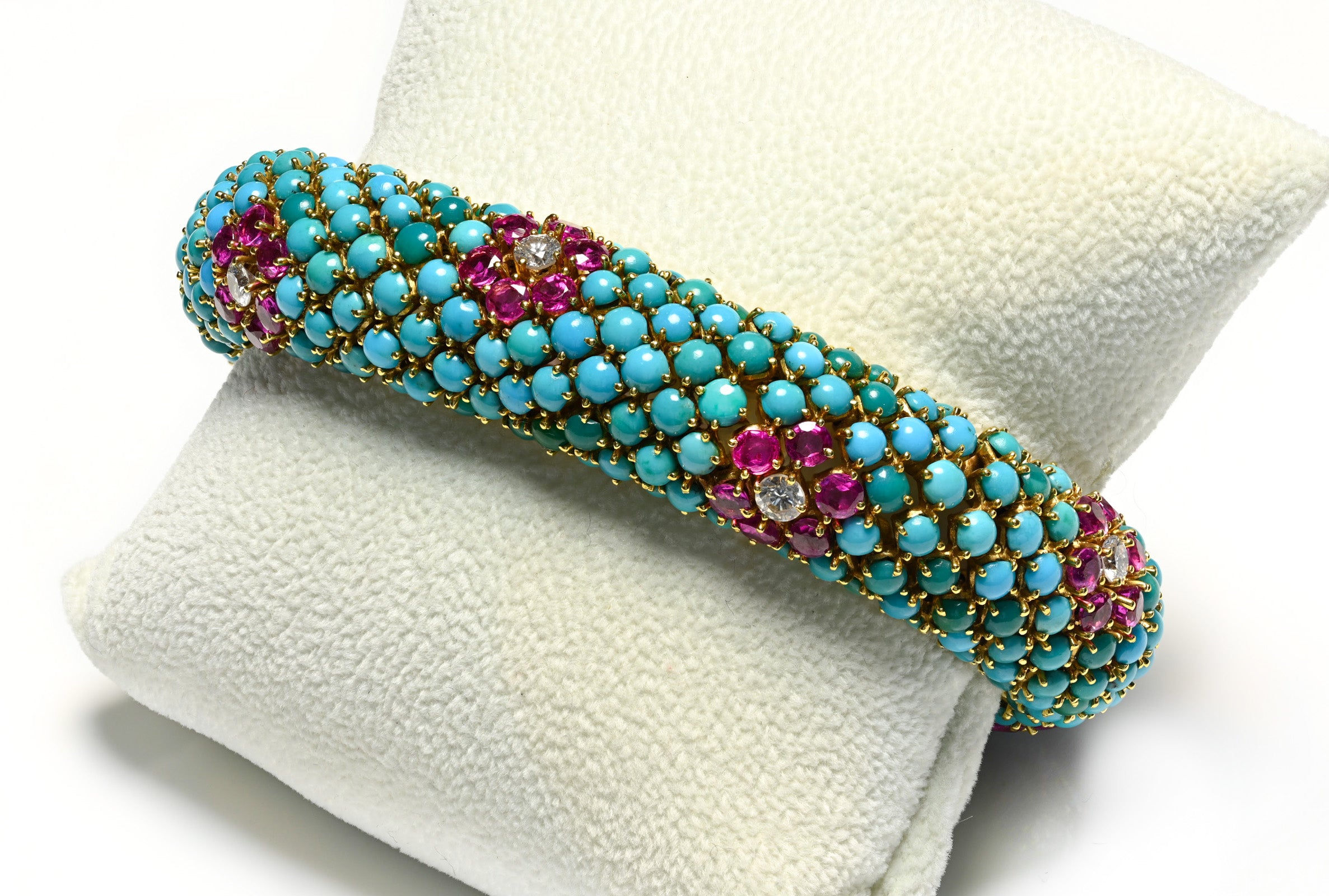 Vintage 18k Turquoise Rubies Diamonds  Flexible Bracelet 