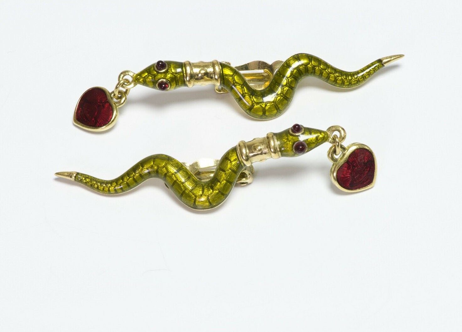 Vivienne Westwood Long Green Red Enamel Snake Heart Earrings