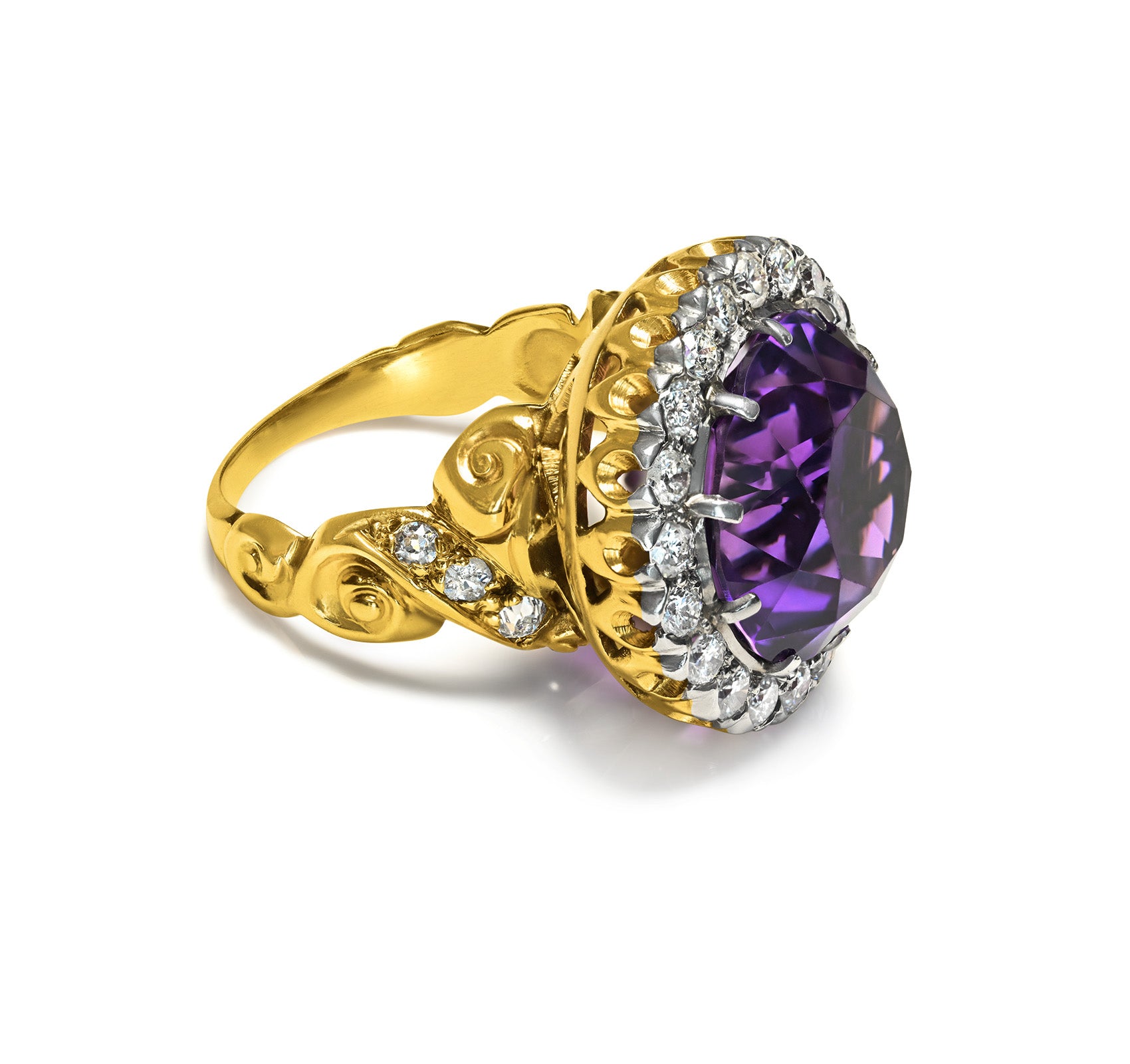 Vintage Round Amethyst and Diamond Halo Ring in Yellow Gold