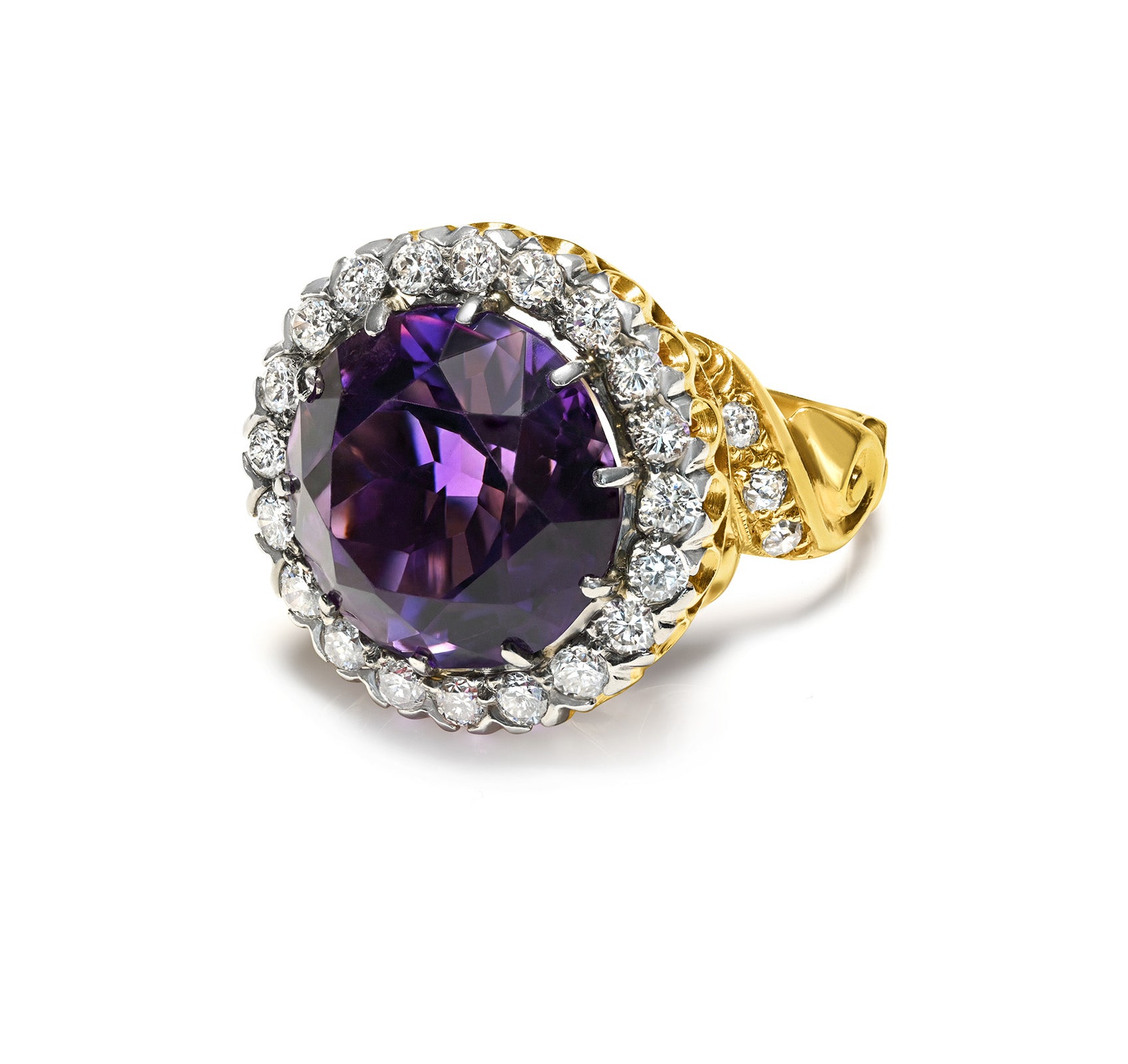 Dome Amethyst and Diamond Halo Ring in Yellow Gold