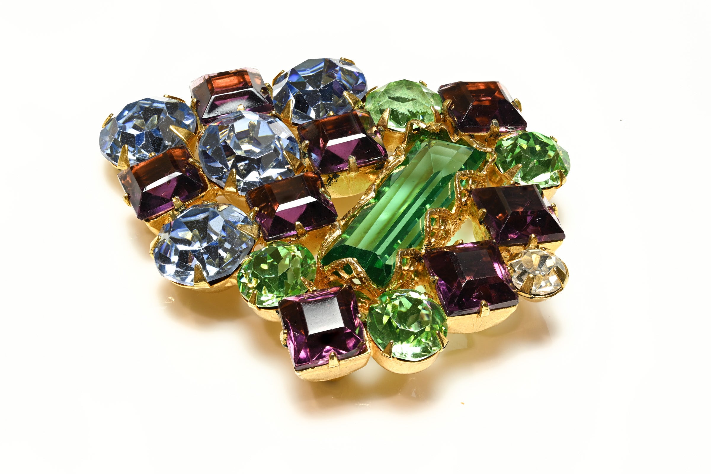 Vintage 1950's Green Purple Blue Crystal Geometric Brooch 1
