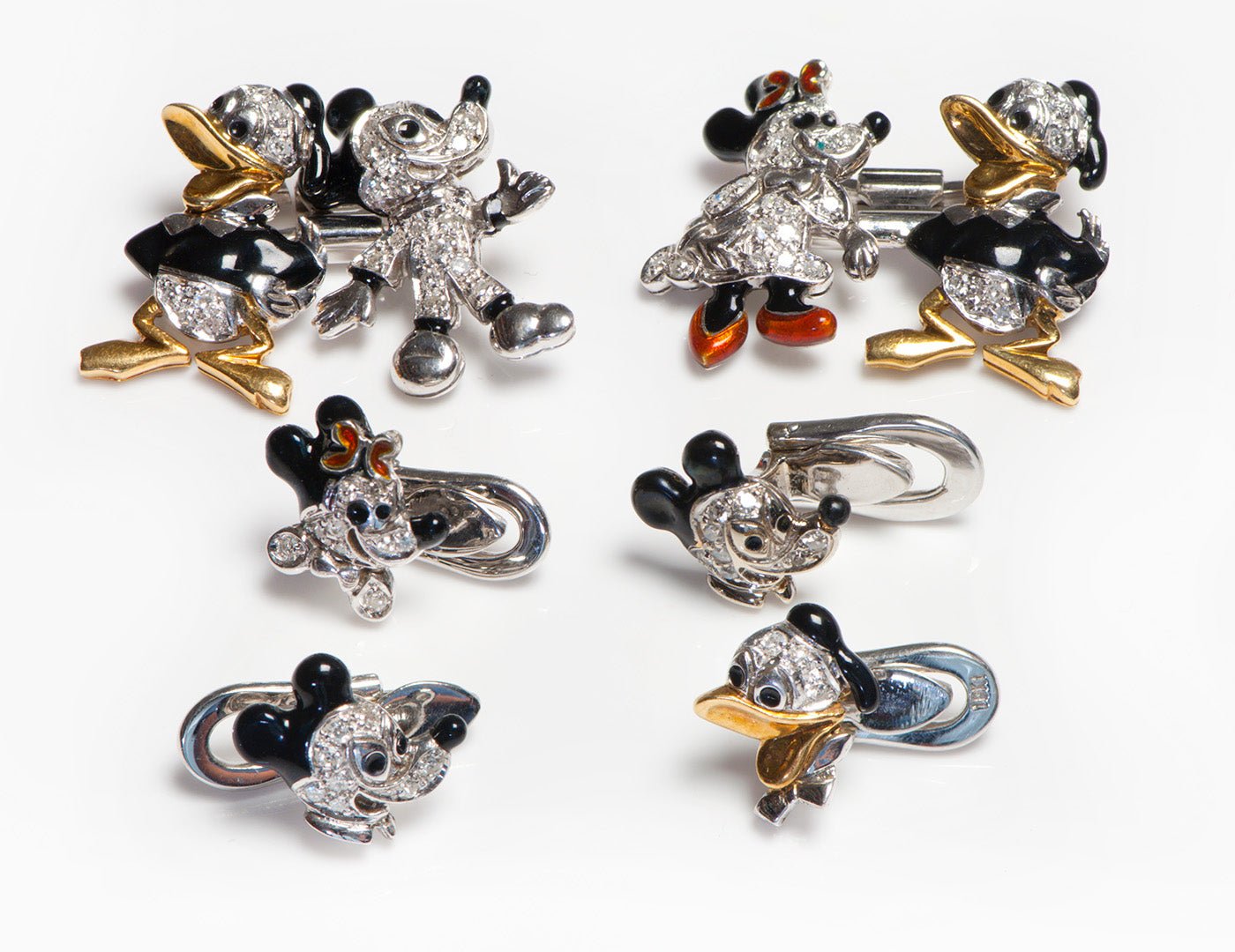 Walt Disney Mickey Mouse Donald Duck 18K Gold Diamond Enamel Cufflink Stud Set