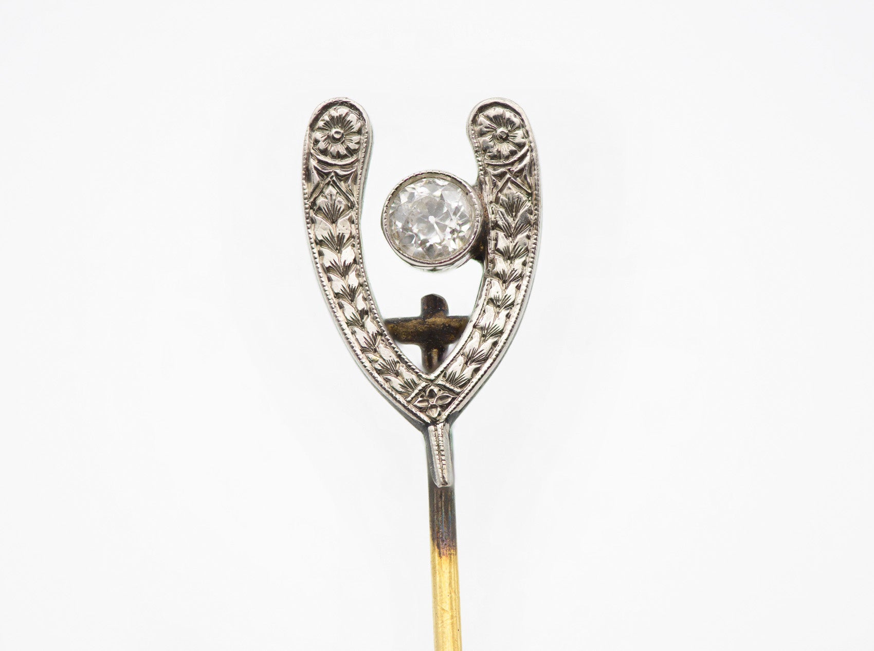 Edwardian Old Mine Cut Diamond Gold and Platinum Wishbone Stick Pin