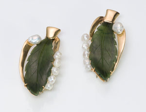 Wedderien Gold Nephrite Jade Freshwater Pearl Clips