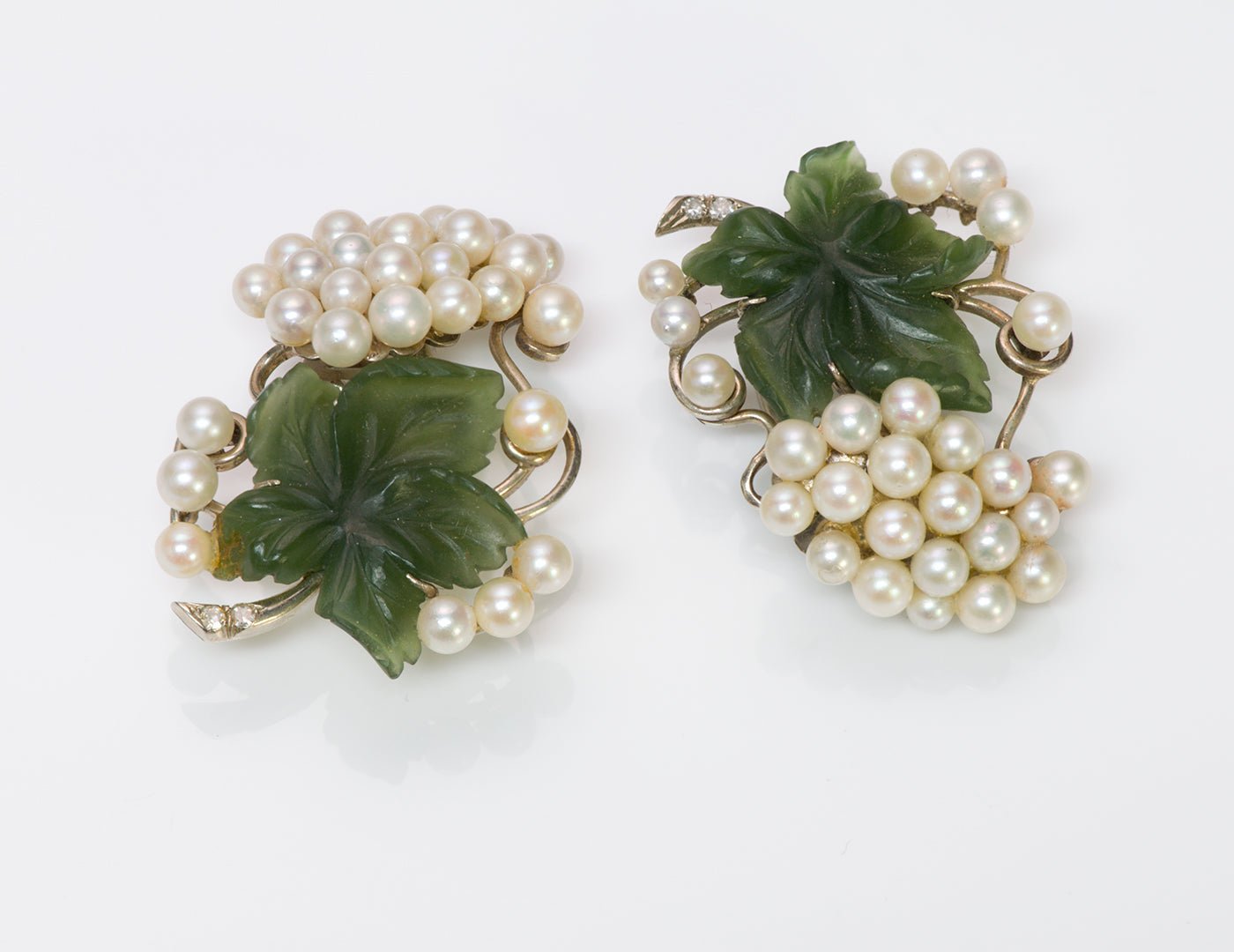 Wedderien Nephrite Jade Pearl Diamond Earrings Brooch