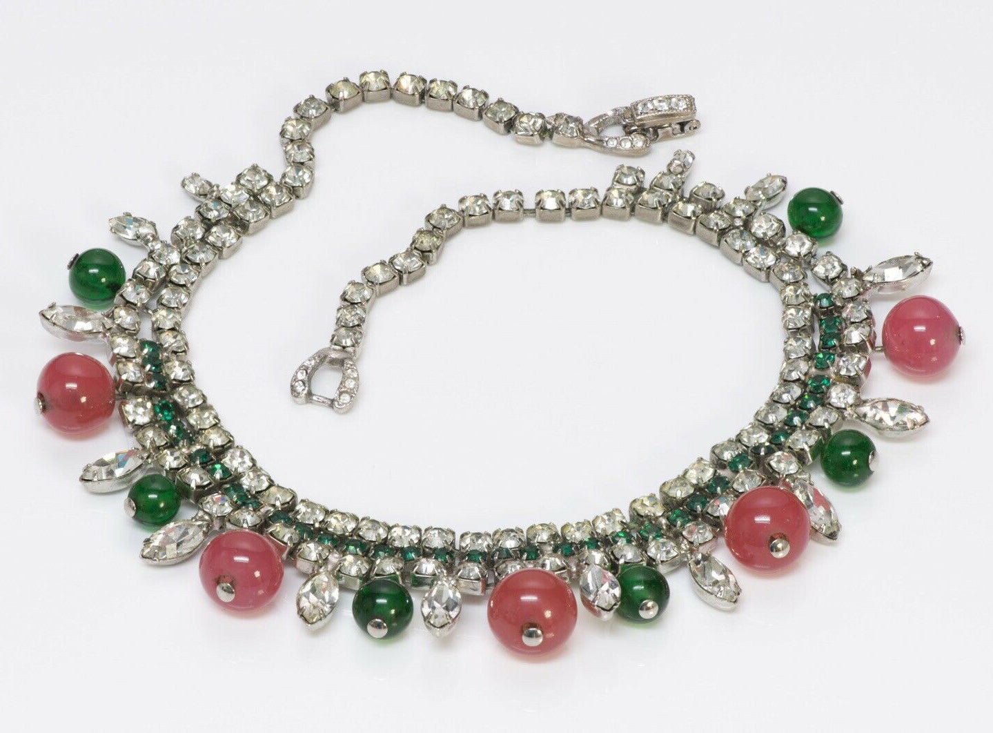 Weiss 1950’s Tutti Frutti Green Pink Glass Crystal Necklace