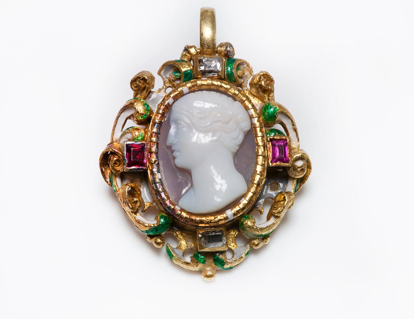 Wiese Antique Gold Diamond Ruby & Enamel Renaissance Revival Cameo Pendant