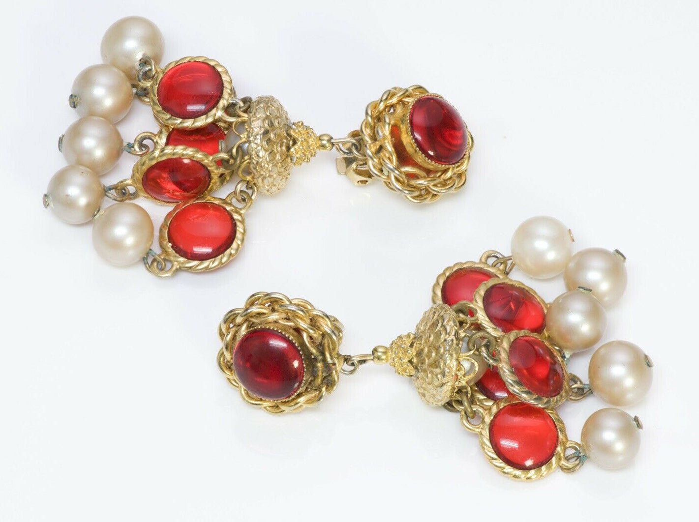William DeLillo 1960’s Red Glass Pearl Chandelier Earrings