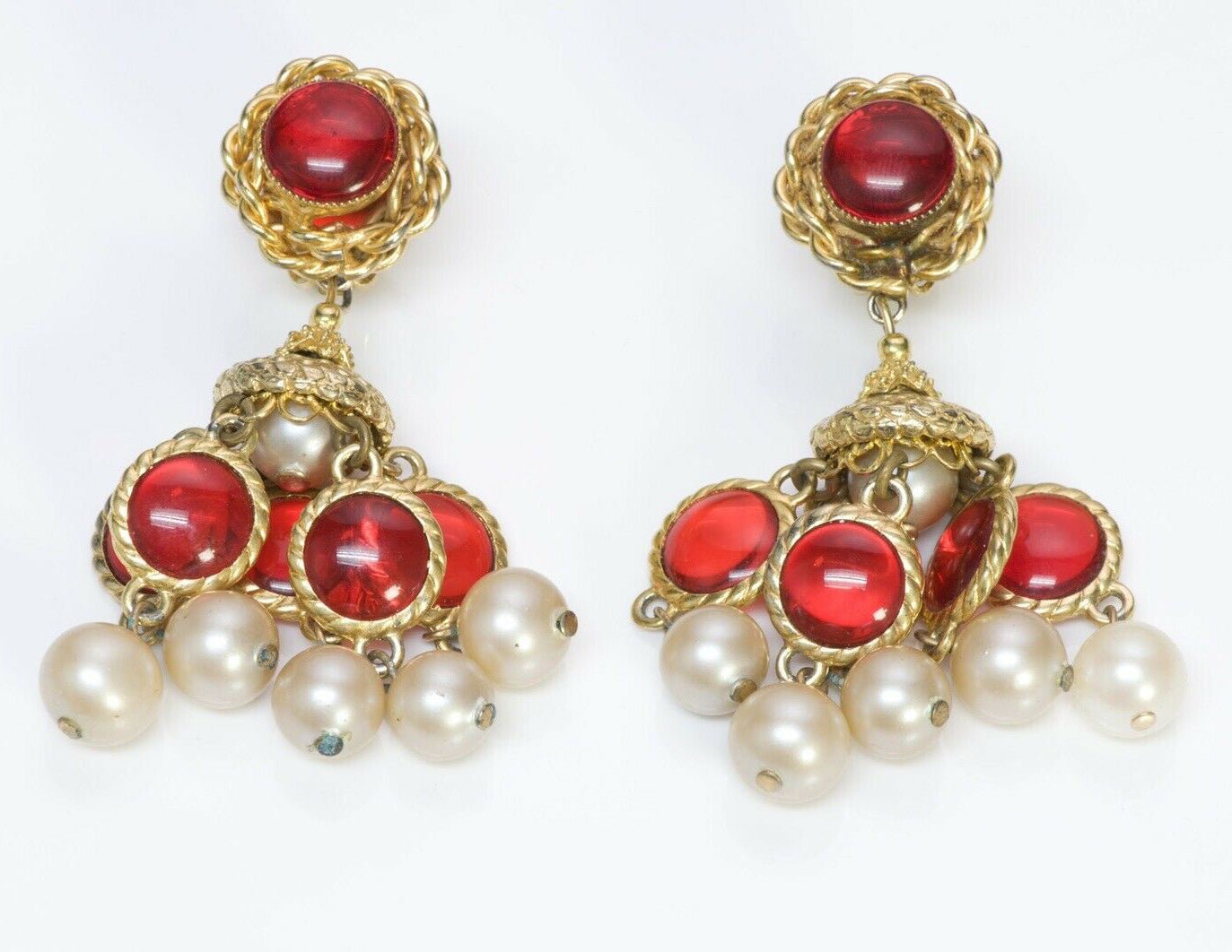 William DeLillo 1960’s Red Glass Pearl Chandelier Earrings